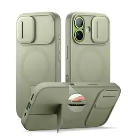 SURITCH - Hard Shell Rugged Case for iPhone 17 with Camera Cover, Camera Cover & Kickstand, Compatible with MagSafe - Khaki Green