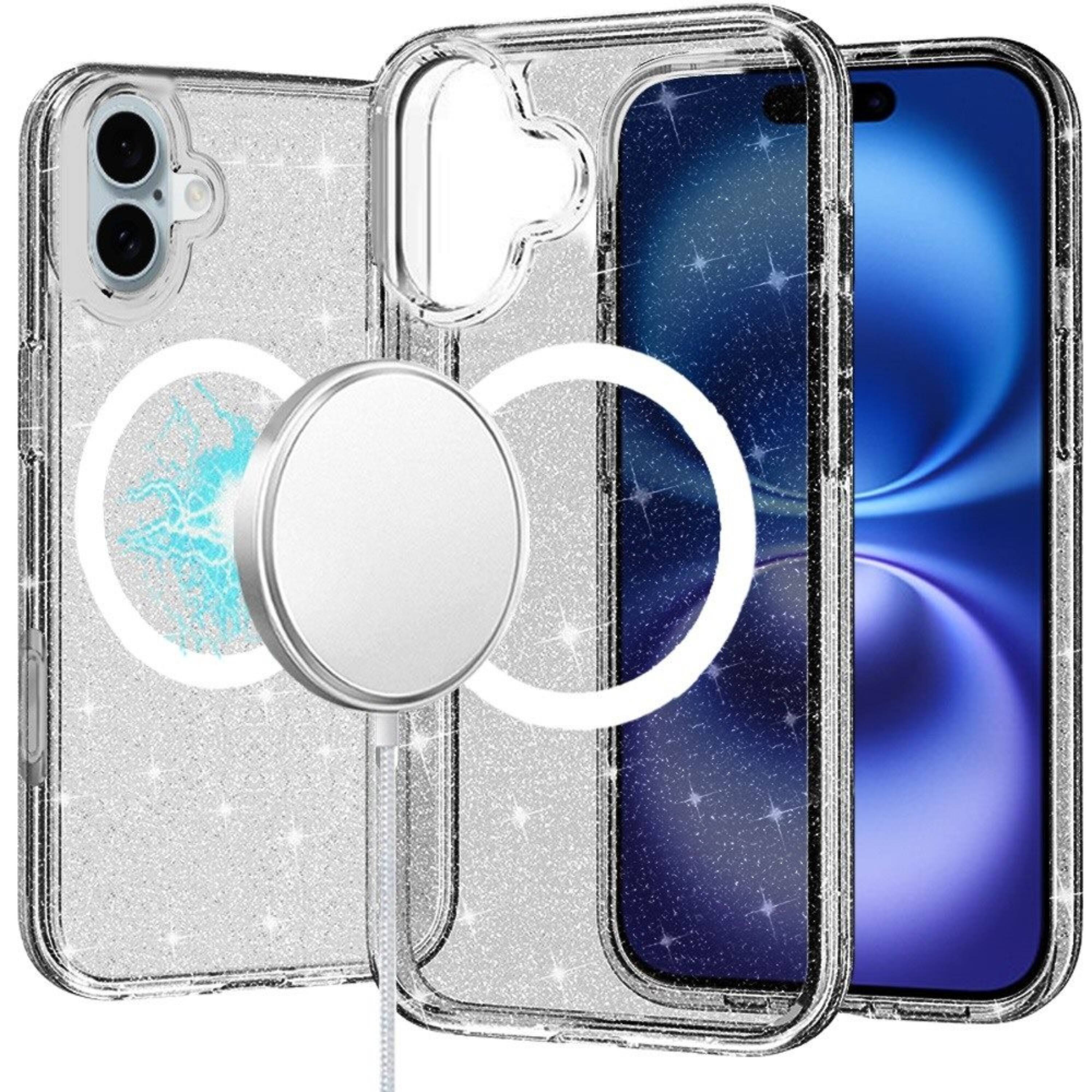 Front. Kitcheniva - Magnetic Circle Glitter Translucent Phone Case With Tempered Glass For iPhone 16 6.1 Inch Smoke - Smoke.