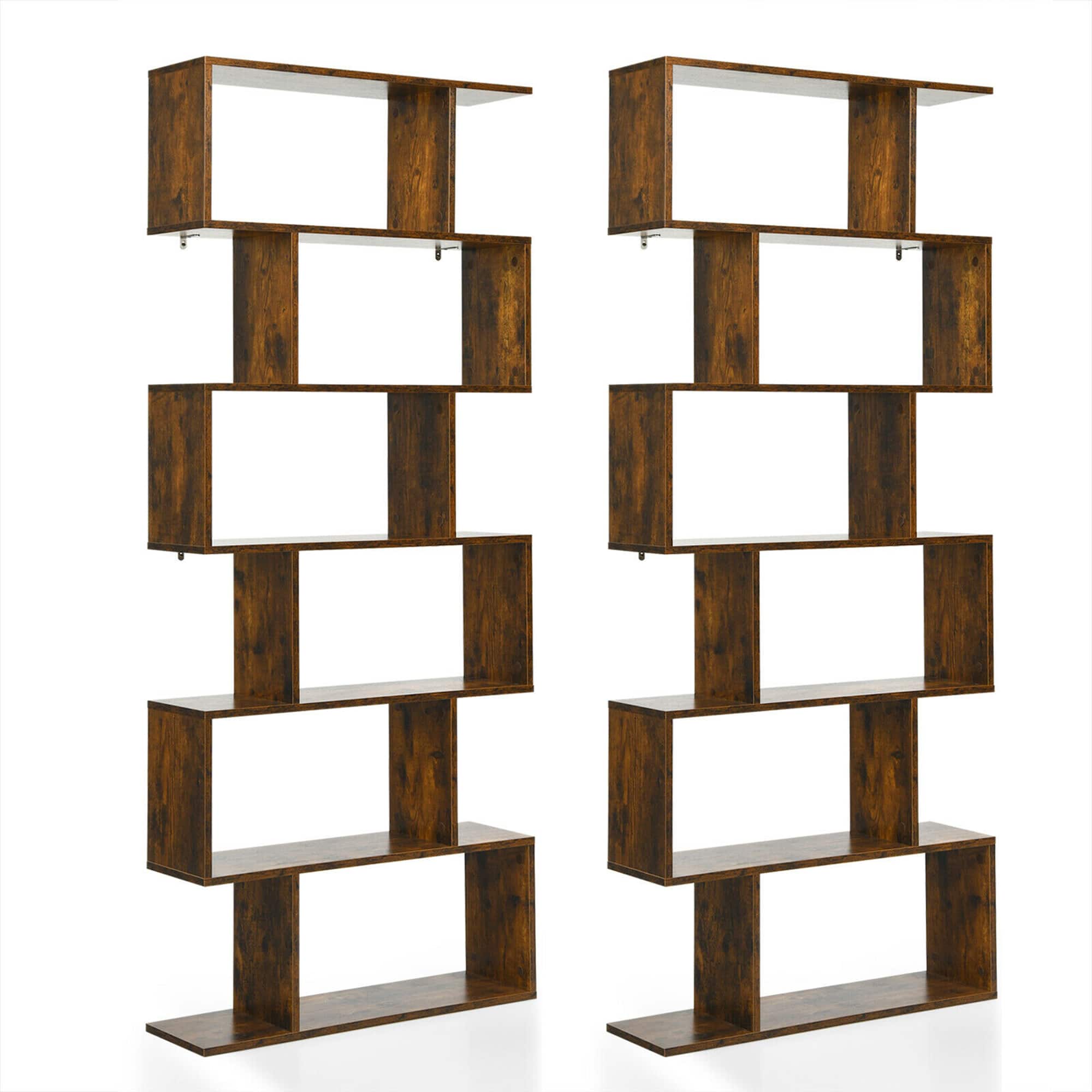 Gymax - 2 PCS 6 Tier S-Shaped Bookshelf Storage Display Bookcase Z-Shelf - Coffee