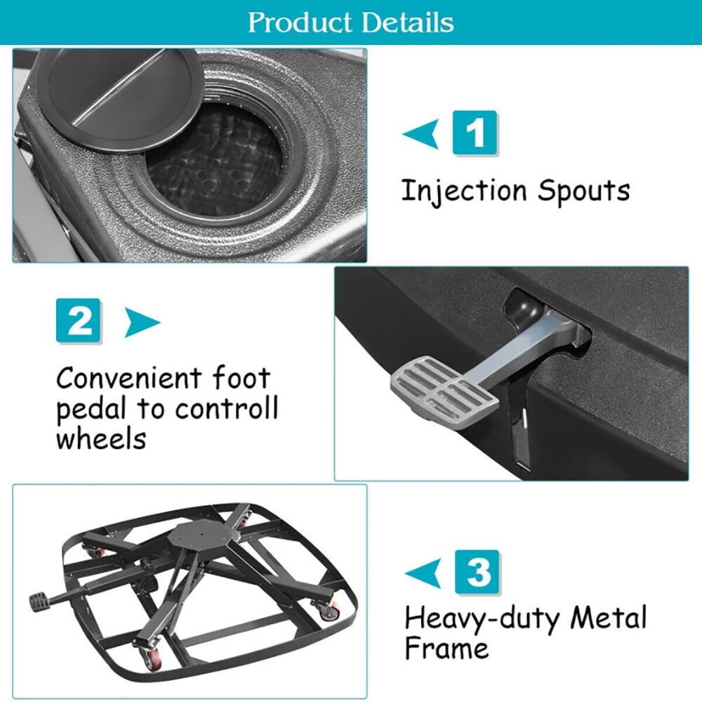 Product Details

1. Injection Spouts

2. Convenient foot pedal to control wheels

3. Heavy-duty Metal Frame