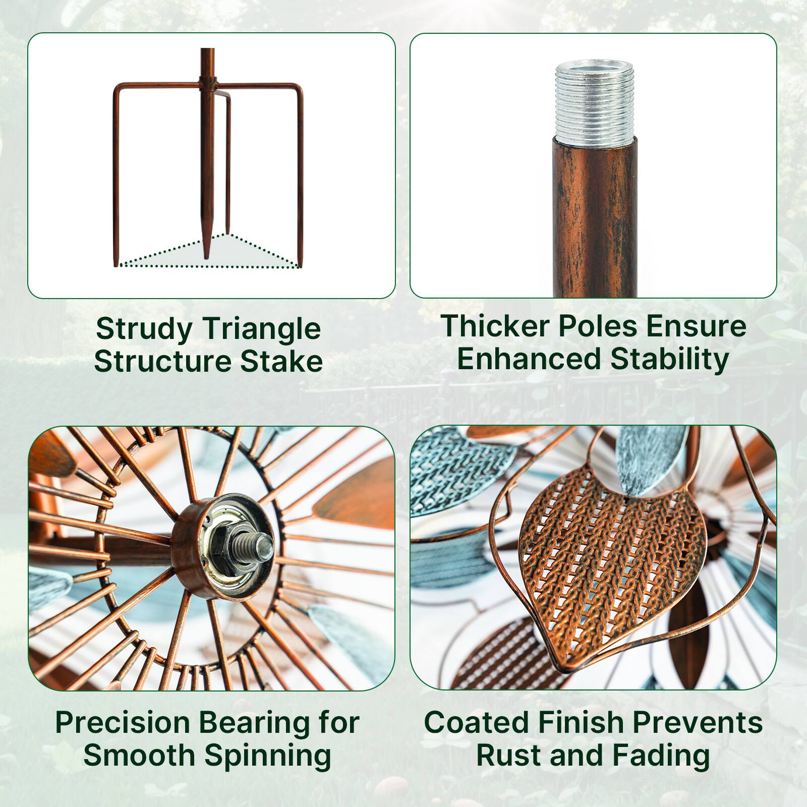 Sure, here is the corrected and grouped text:

1. **Strudy Triangle Structure Stake**
2. **Thicker Poles Ensure Enhanced Stability**
3. **Precision Bearing for Smooth Spinning**
4. **Coated Finish Prevents Rust and Fading**