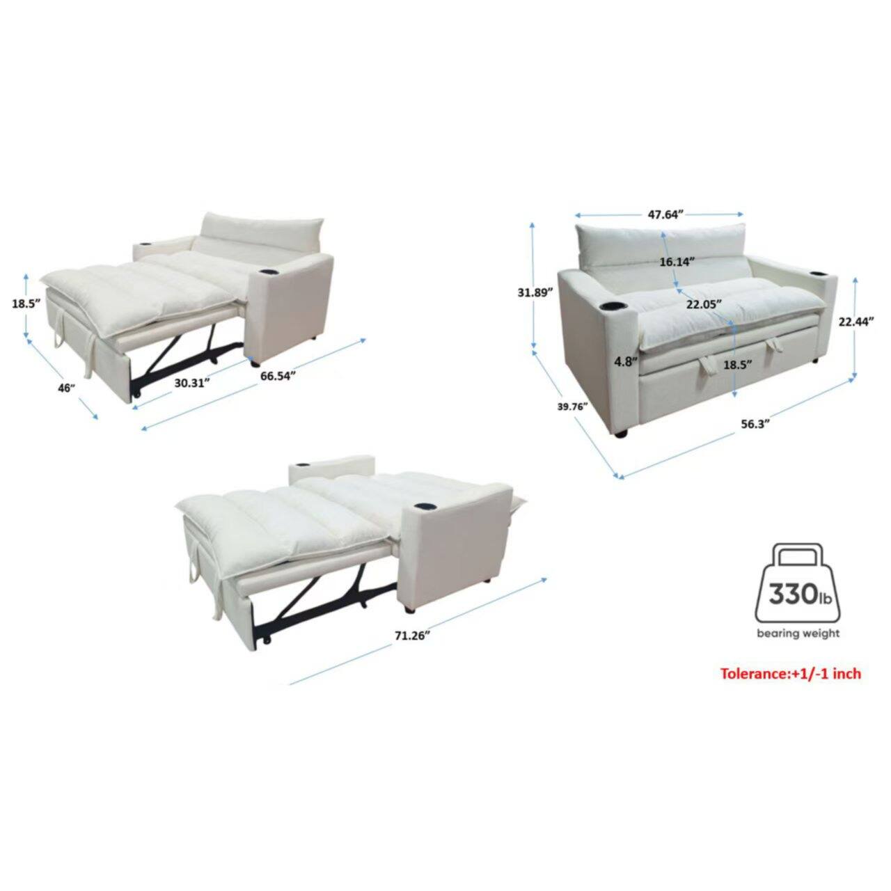 47.64" 16.14" 18.5" 31.89" 22.05" 22.44" 46" 30.31" 66.54" 4.8" 18.5" 39.76" 56.3" 330lb 71.26" bearing weight Tolerance:+1/-1 inch