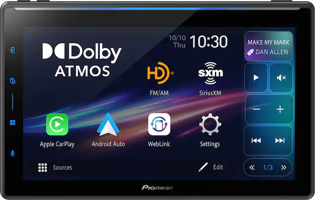 Dolby ATMOS
10/10 Thu 10:30
HD
sXM
MAKE MY MARK
DAN ALLEN
Apple CarPlay
Android Auto
WebLink
Settings
Sources
Edit
<< 1/3 >>
Pioneer