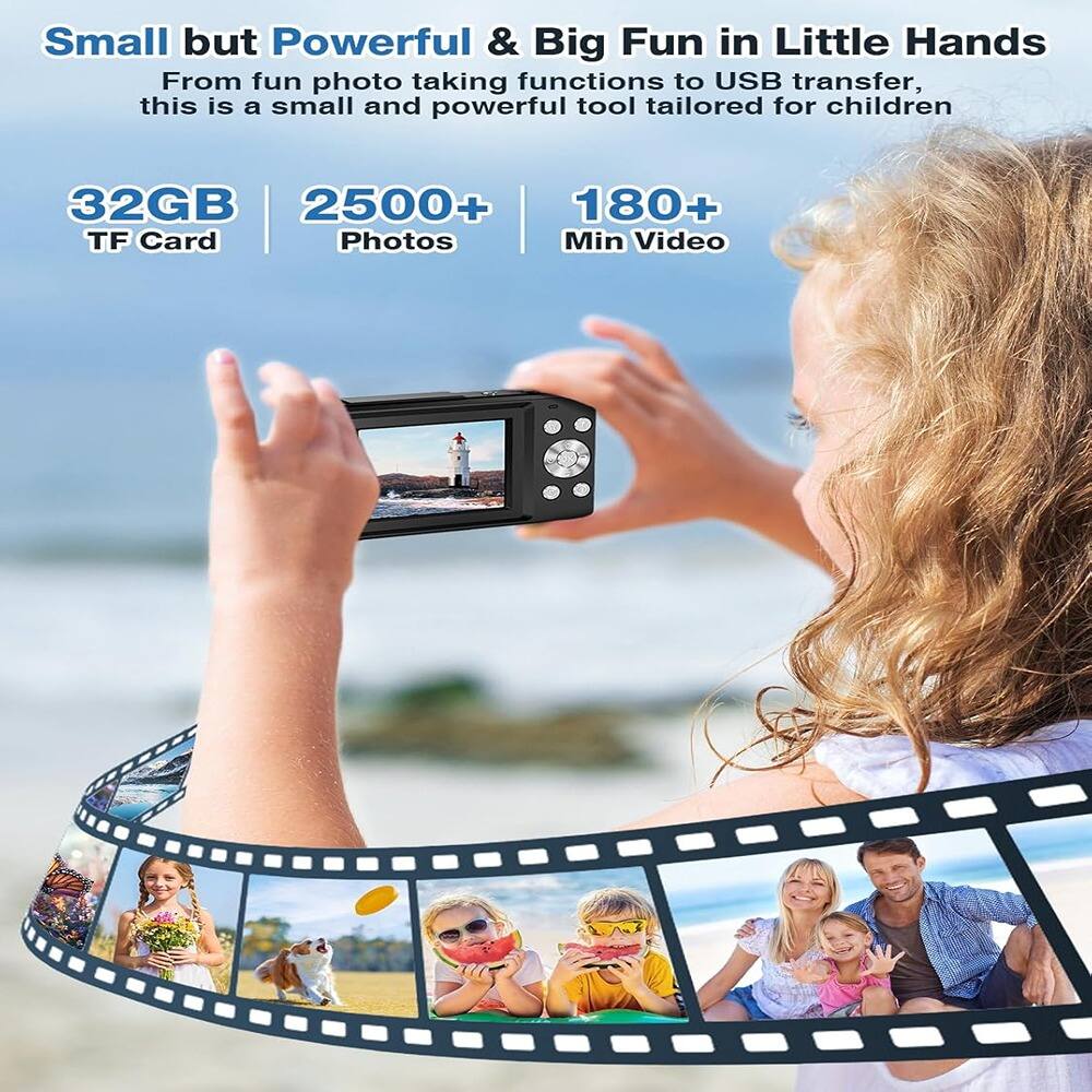 Small but Powerful & Big Fun in Little Hands  
From fun photo taking functions to USB transfer, this is a small and powerful tool tailored for children  

32GB TF Card  
2500+ Photos  
180+ Min Video