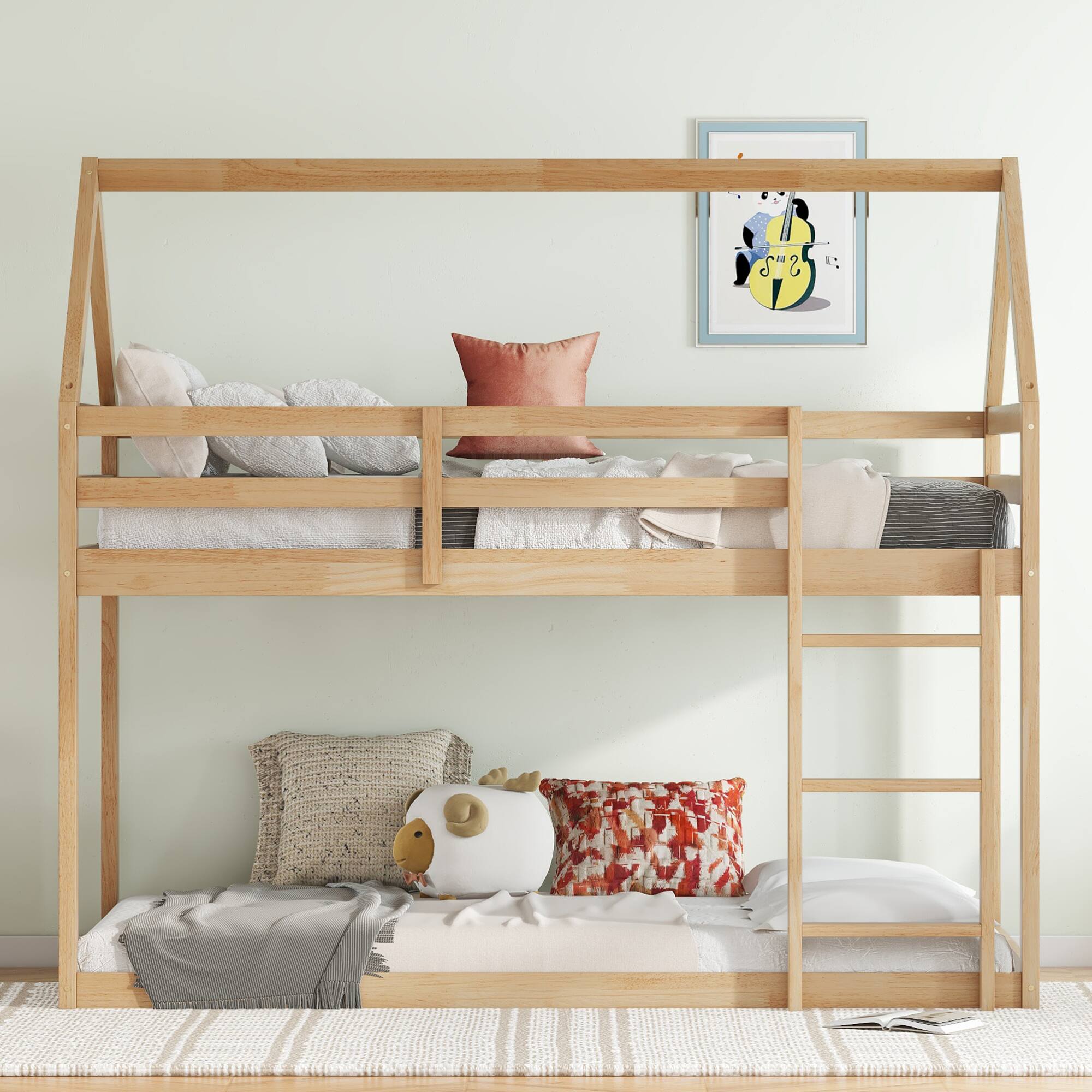Front. GOODSILO - House-Shaped Twin Over Twin Rubber Wood Bunk Bed with Ladder and Guardrails for Kids - White+Oak.
