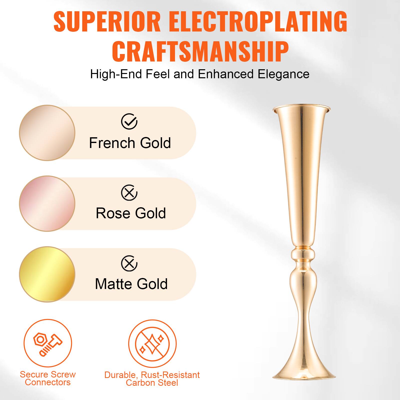 SUPERIOR ELECTROPLATING CRAFTSMANSHIP  
High-End Feel and Enhanced Elegance  

- French Gold  
- Rose Gold  
- Matte Gold  

Secure Screw Connectors  
Durable, Rust-Resistant Carbon Steel