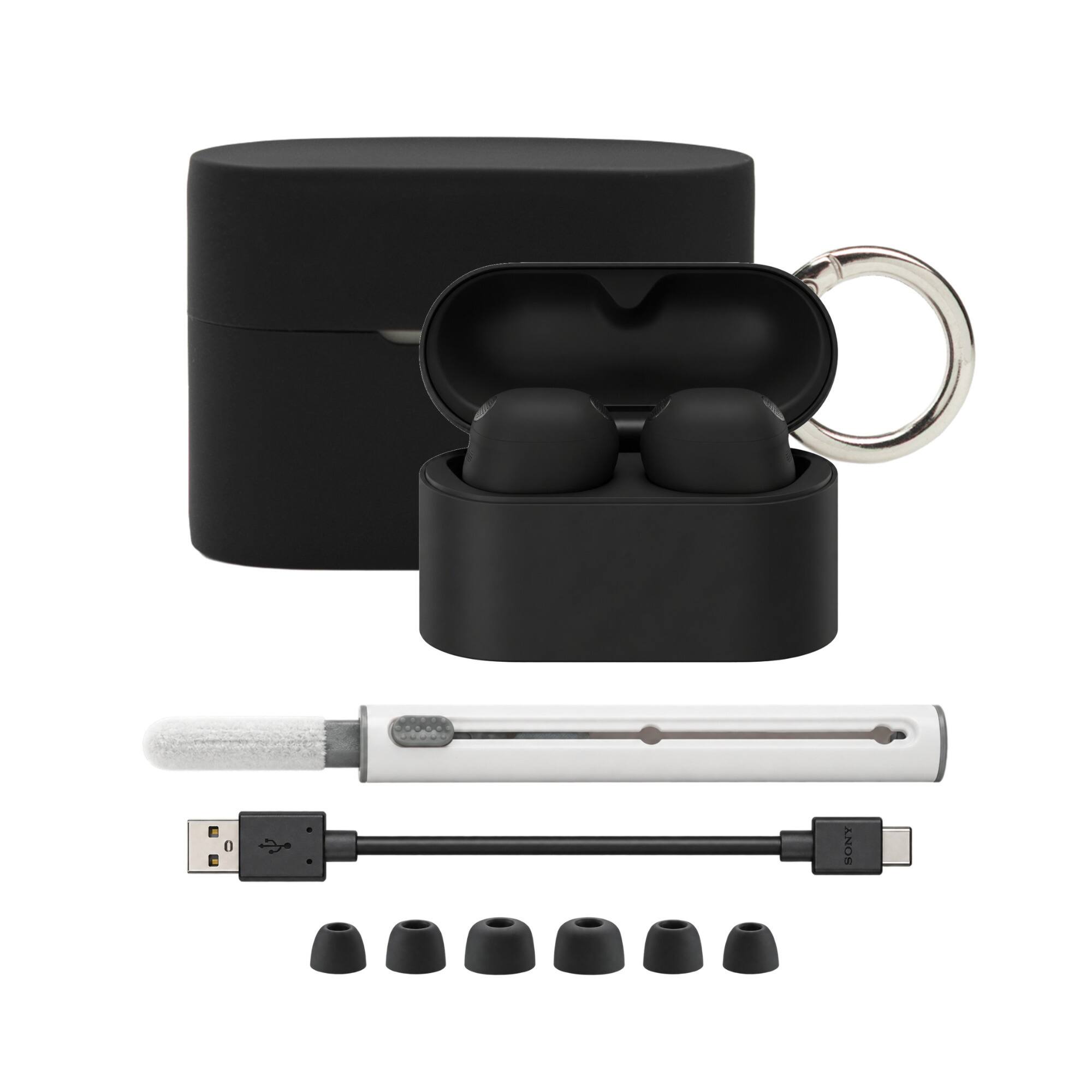 Front. Sony - Sony WF-1000XM6 Wireless Earbuds with Silicone Case and Cleaning Kit (Black).