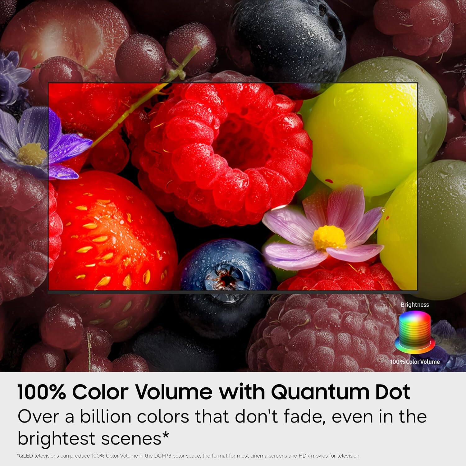 Brightness  
100% Color Volume  
100% Color Volume with Quantum Dot  
Over a billion colors that don't fade, even in the brightest scenes*  
*QLED televisions can produce 100% Color Volume in the DCI-P3 color space, the format for most cinema screens and HDR movies for television.