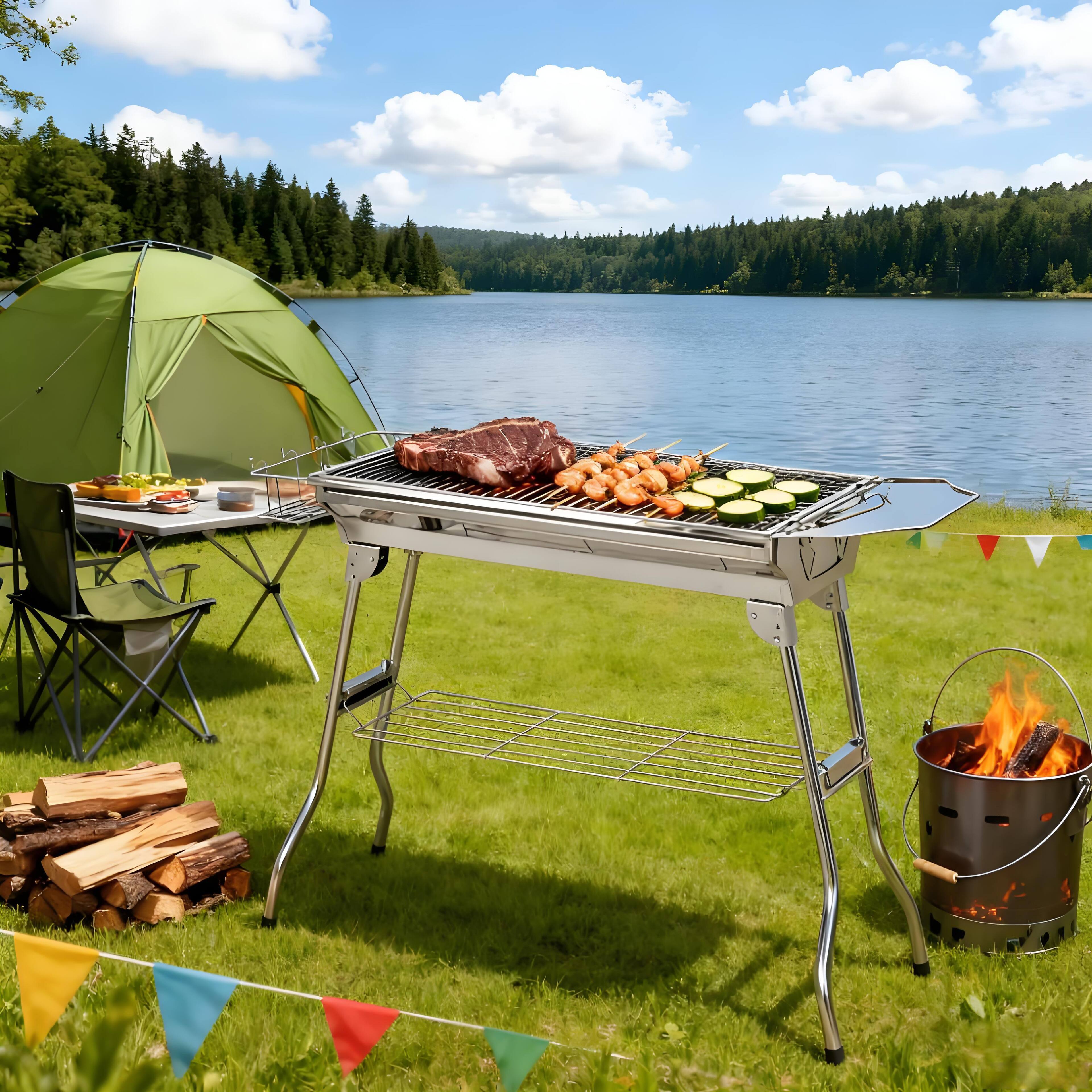 Angle. COWLOWN - Folding Portable Charcoal BBQ Grill for Camping Picnic Outdoor Cooking Silver.