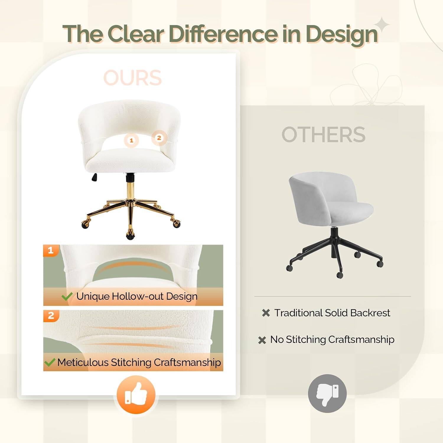 The Clear Difference in Design

OURS
1. Unique Hollow-out Design
2. Meticulous Stitching Craftsmanship

OTHERS
1. Traditional Solid Backrest
2. No Stitching Craftsmanship