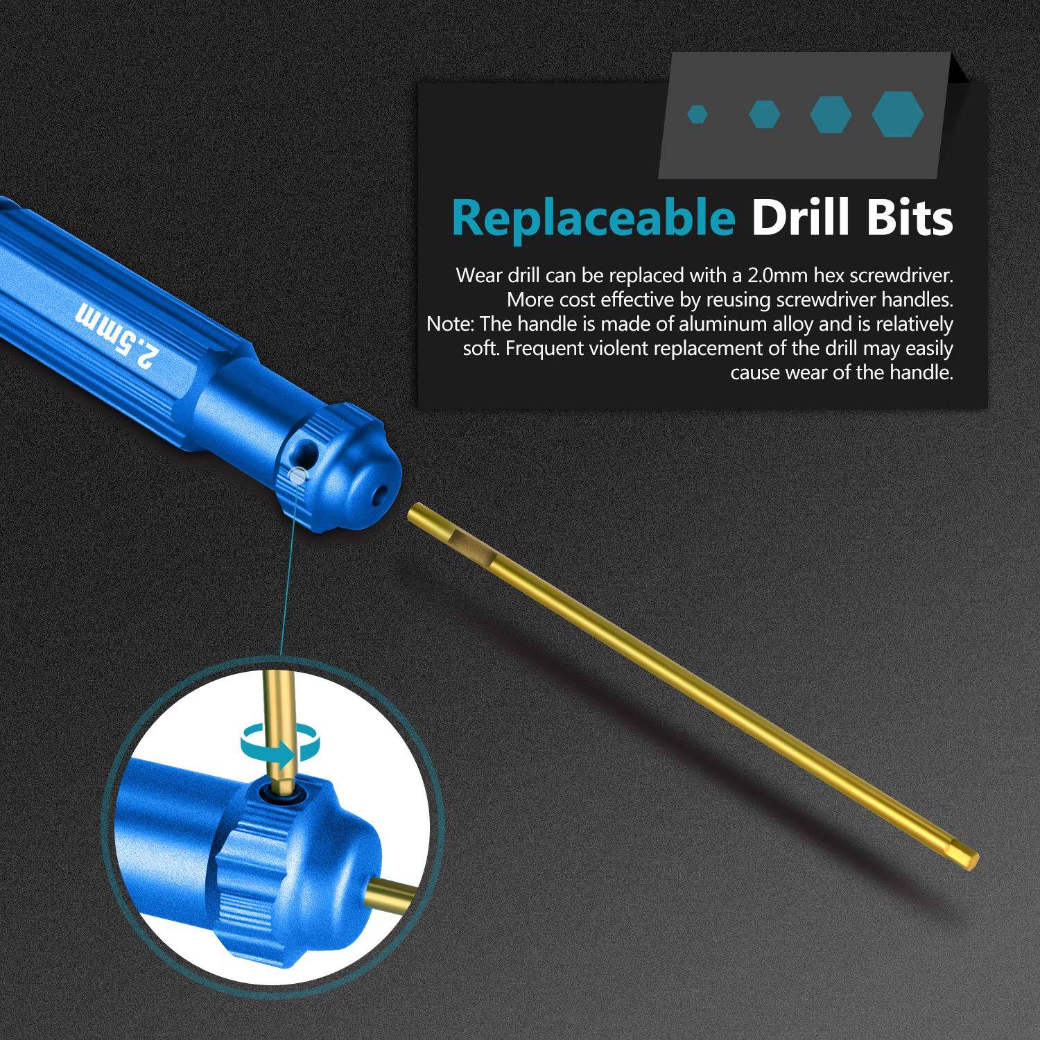 2.5mm Replaceable Drill Bits  
Wear drill can be replaced with a 2.0mm hex screwdriver.  
More cost effective by reusing screwdriver handles.  
Note: The handle is made of aluminum alloy and is relatively soft. Frequent violent replacement of the drill may easily cause wear of the handle.
