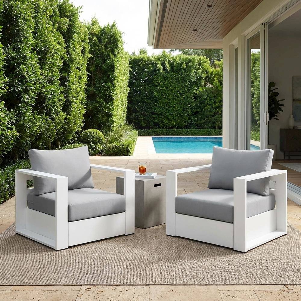 Left. Outdoor Escape - 2-Piece Outdoor Aluminum Armchair Set, Powder-Coated Finish, Comfortable Cushion - White.