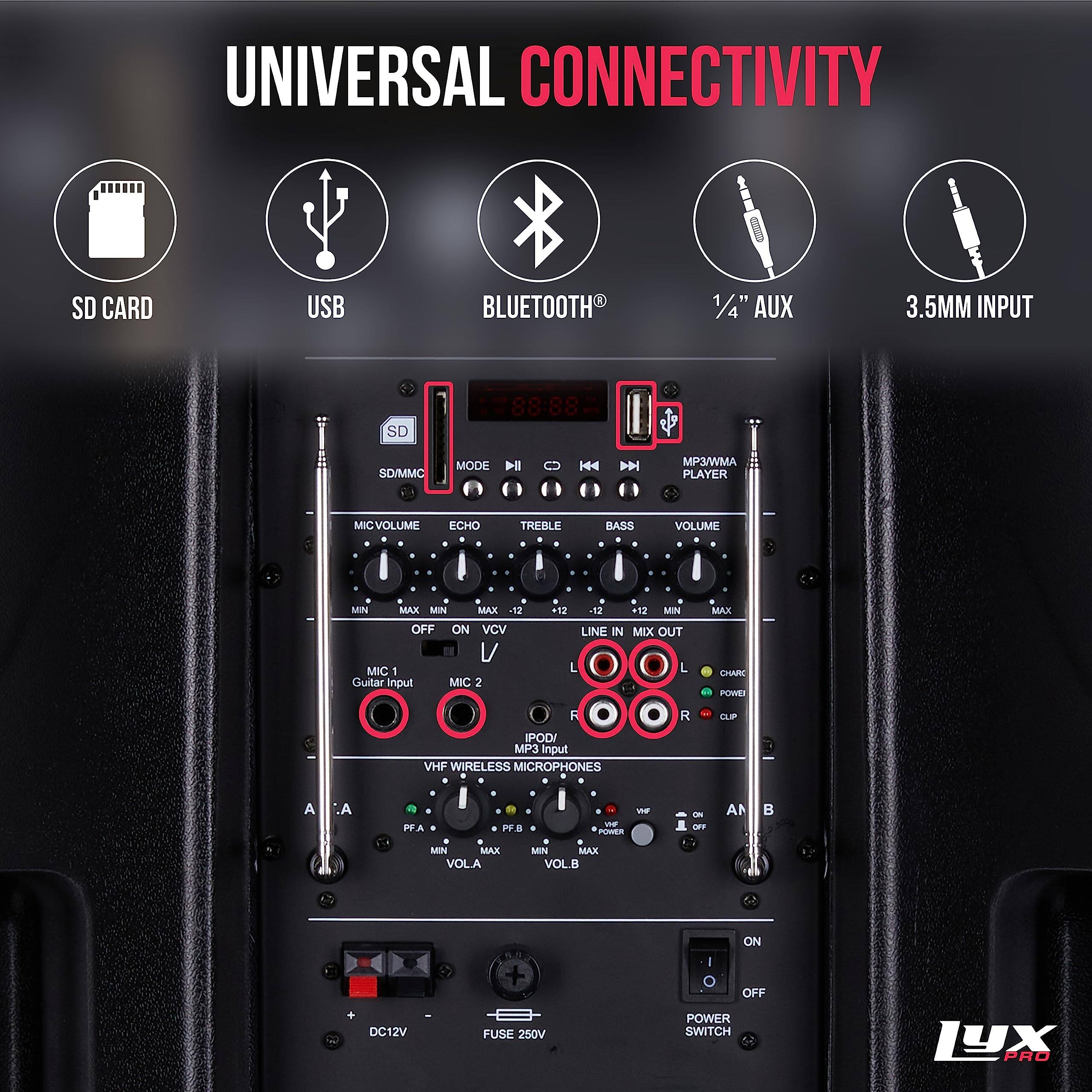 UNIVERSAL CONNECTIVITY SD CARD USB BLUETOOTH 1/4" AUX 3.5MM INPUT SD 88:88 SD/MMC MODE MP3/WMA PLAYER MICVOLUME ECHO TREBLE BASS VOLUME MIN MAX MIN -12 OFF ON VCV L MIC 1 Guitar input MIC 2 . ag 12 +12 MIN LINE IN MIX OUT L L A MAX CHARC POWER R R ELP IPOD/ MP3 Input VHF WIRELESS MICROPHONES A A P PFB W VP - -  A  MIN MAX VOLA MIN MAX VOLB . I ON DC12V FUSE 250V OFF POWER SWITCH LX PRO
