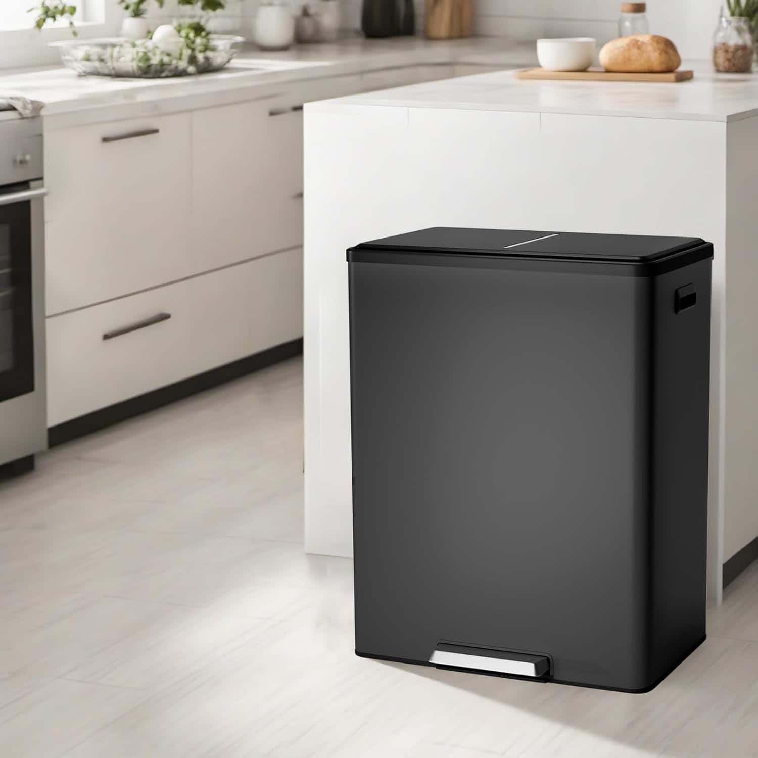Acekool - Step Dual Trash Can 16 Gallon, Stainless Steel Double Bin with Lid, Step Pedal, 2 Removable Wastebaskets - Black