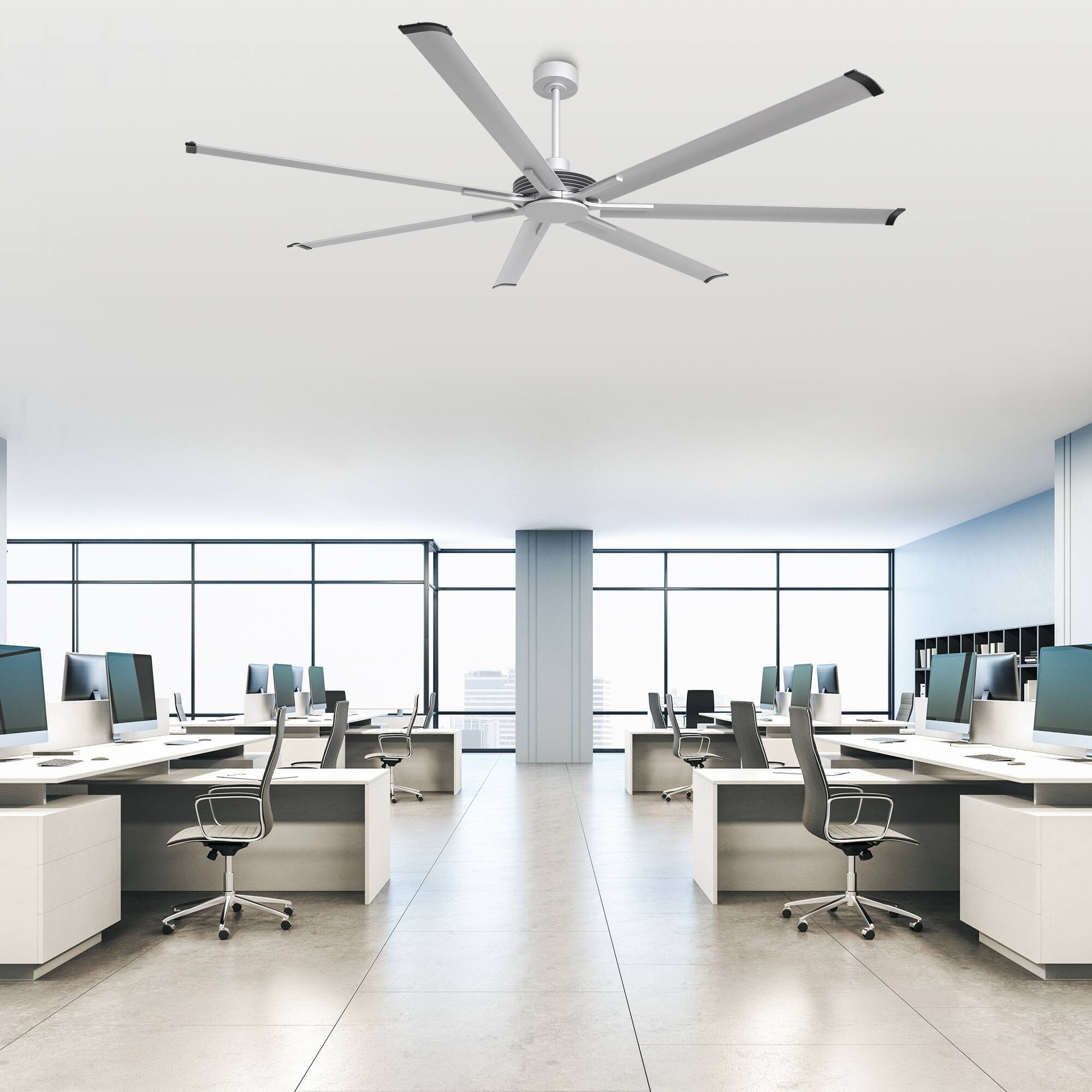 Angle. Parrot Uncle - 100" 7-Blade Industrial Ceiling Fan without Light, 6-Speed Reversible DC Motor, Remote Control - Silver.