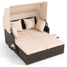 Boyel Living - Outdoor Patio Rattan Daybed with Retractable Canopy and Side Tables 65-in L x 60.5-in W x 54.5-in H - Beige