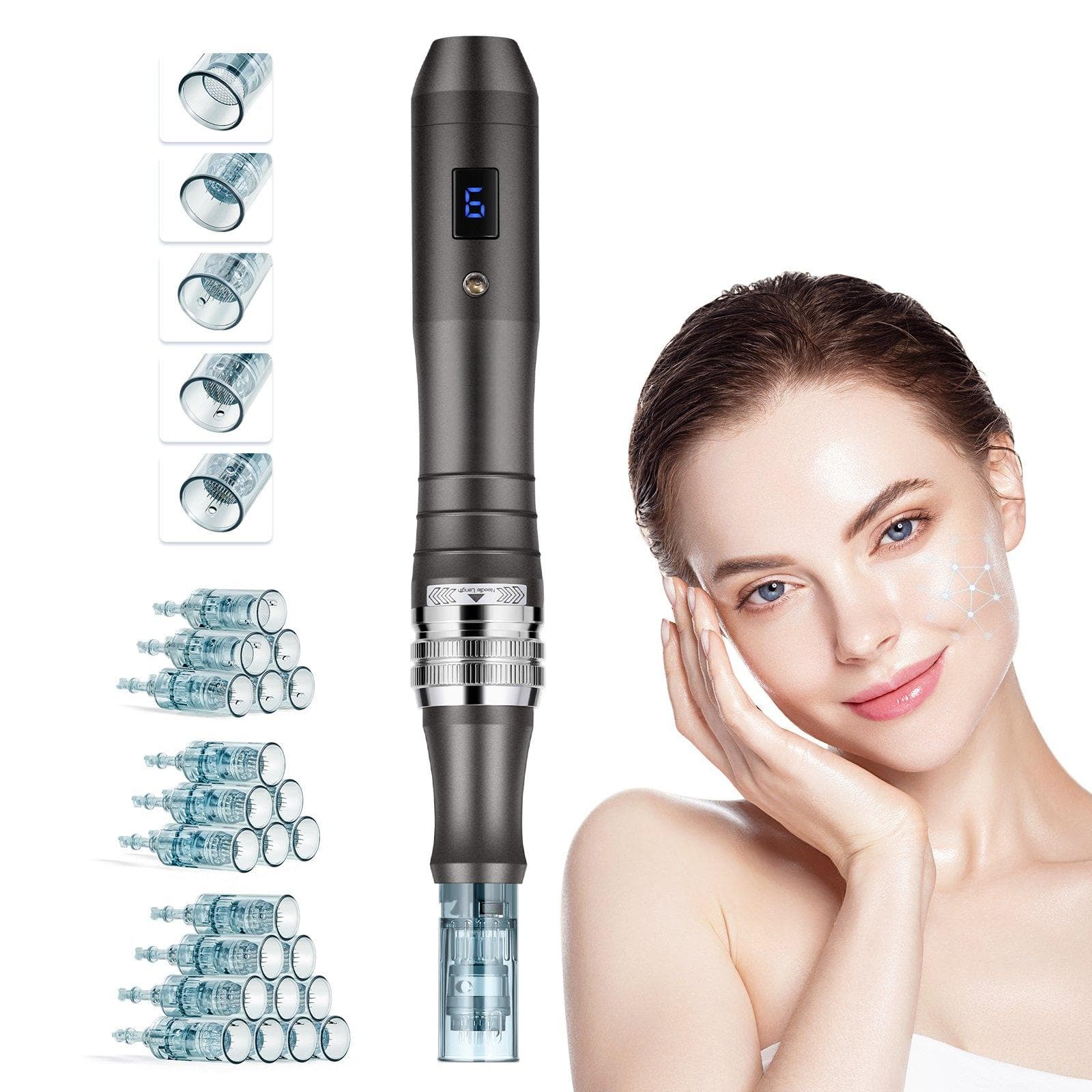 Glintex - Professional Microneedling Pen, Electric Derma Pen w/ 22 Cartridges, 6 Speed Levels, LCD, Adjustable Needle Depth