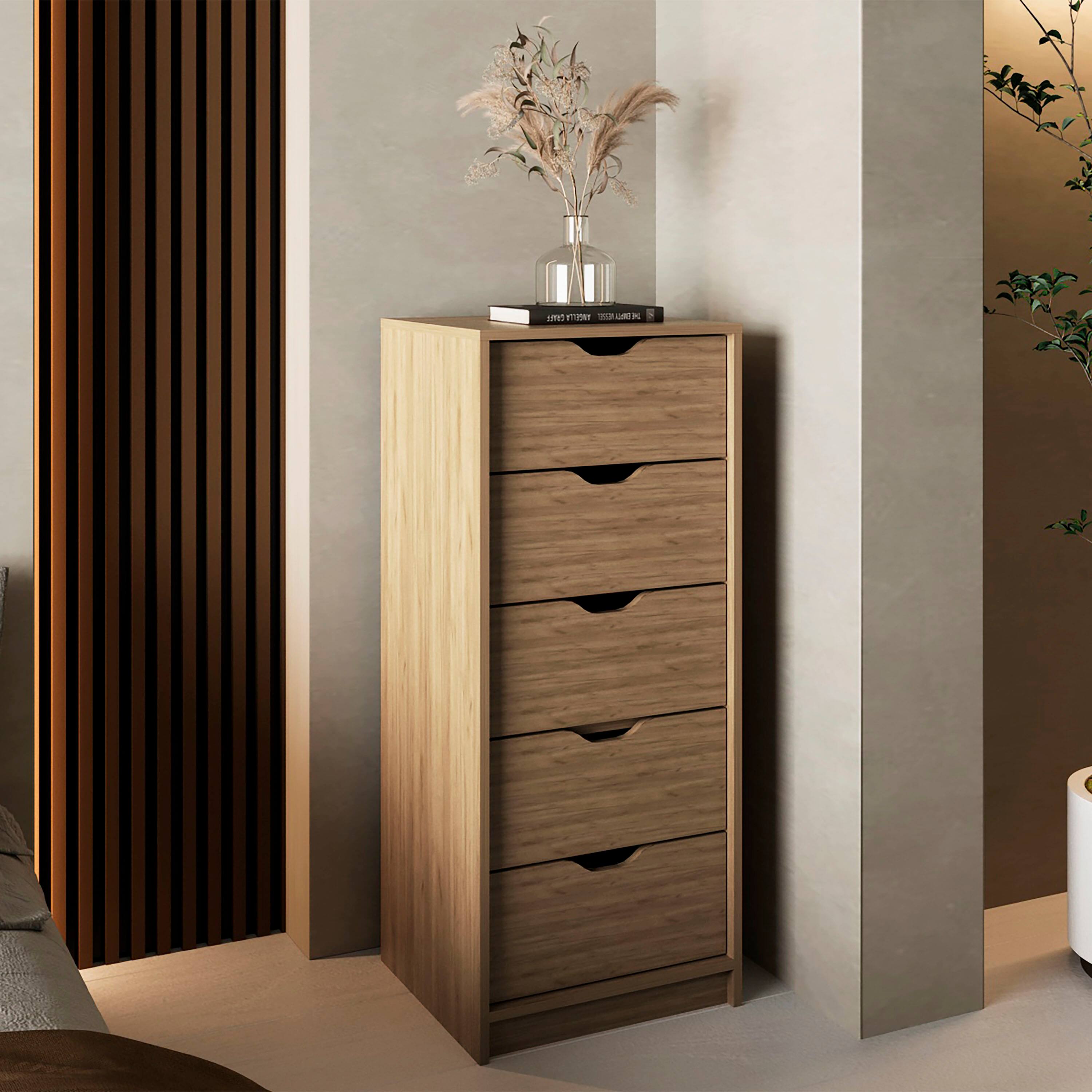 Angle. TuHome - Basilea Tall Narrow Dresser, Pull Out System, Five Drawers - Natural Oak.