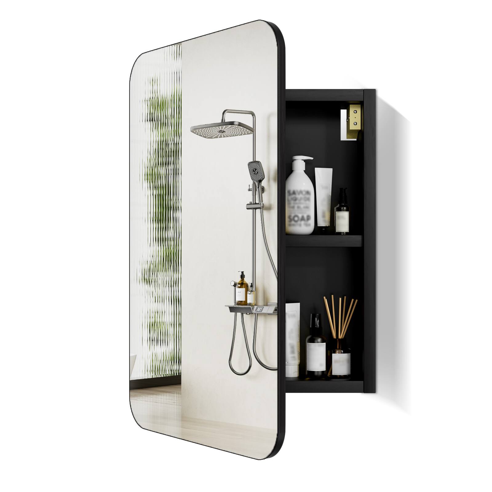 Angle. FUFU & GAGA - Ultra-Thin Black Wood Grain Bathroom Mirror Cabinet – Wall Mount / Recessed, Adjustable Shelves - Black.