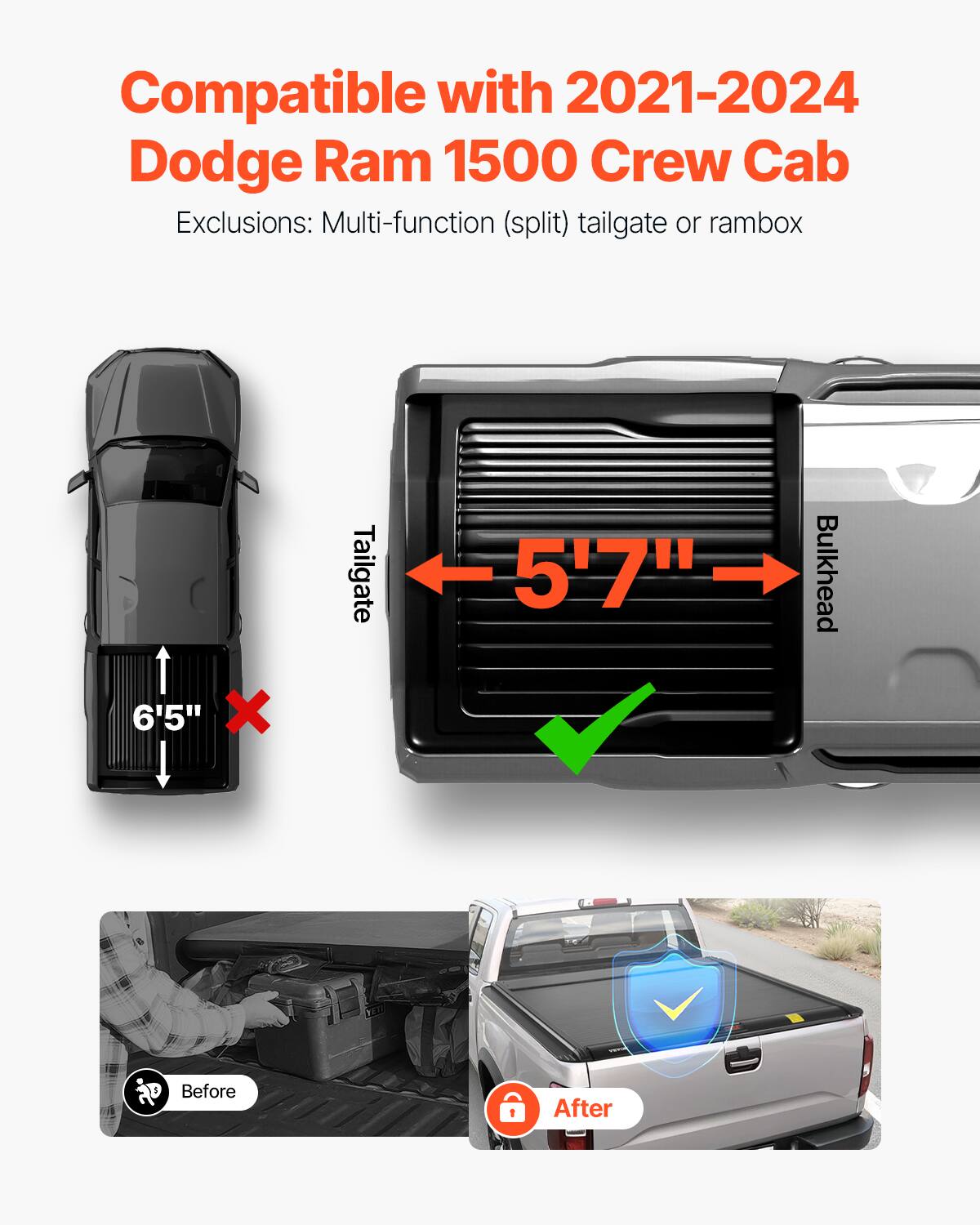 Compatible with 2021-2024 Dodge Ram 1500 Crew Cab  
Exclusions: Multi-function (split) tailgate or rambox  

6'5" X Tailgate  
5'7" Bulkhead  

Before  
After