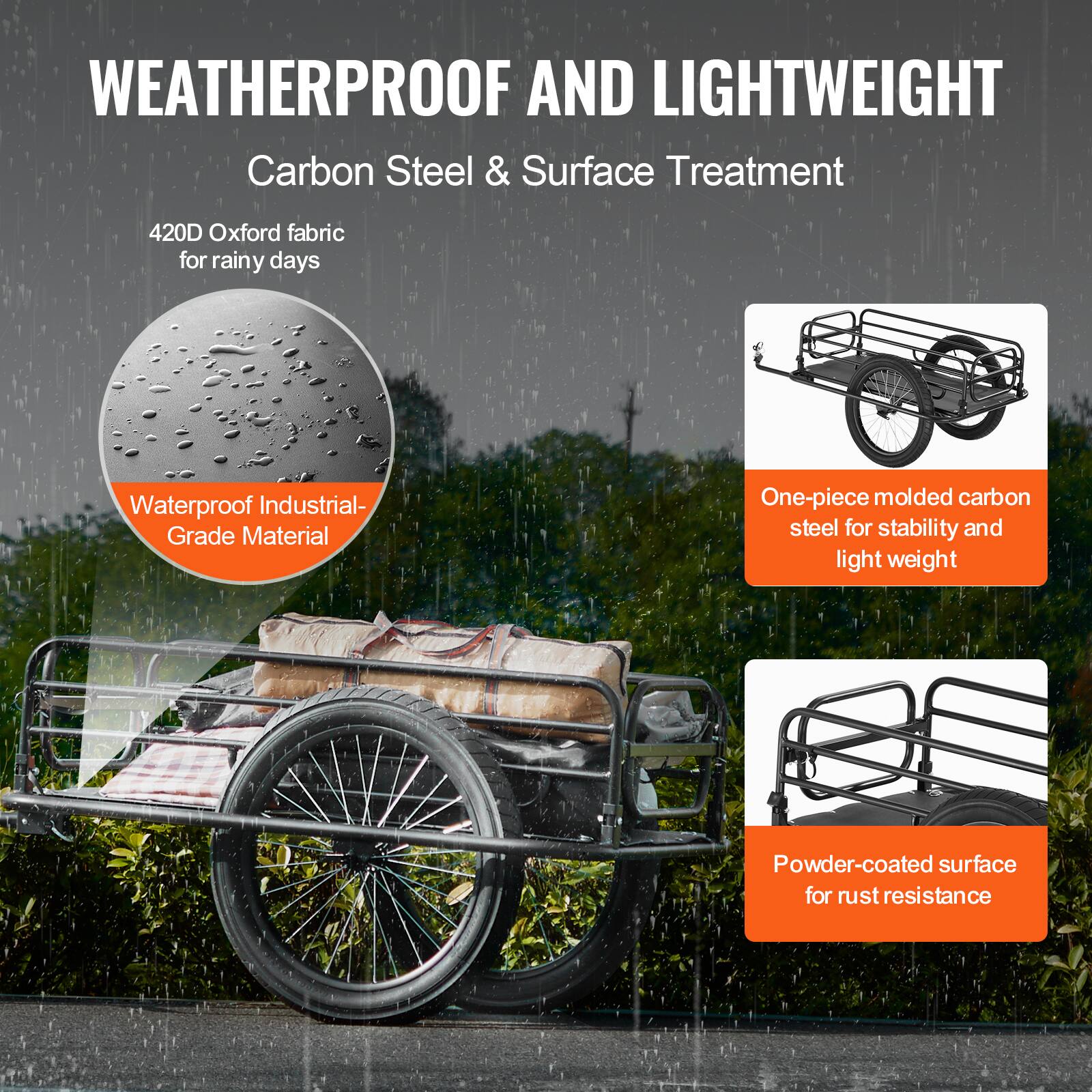 WEATHERPROOF AND LIGHTWEIGHT  
Carbon Steel & Surface Treatment  

420D Oxford fabric for rainy days  
Waterproof Industrial-Grade Material  

One-piece molded carbon steel for stability and light weight  

Powder-coated surface for rust resistance