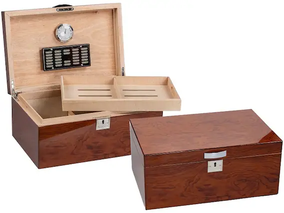 Front. Prestige - Preston Bubinga Cigar Humidor - ltra Deep Lacquer Bubinga Finish.