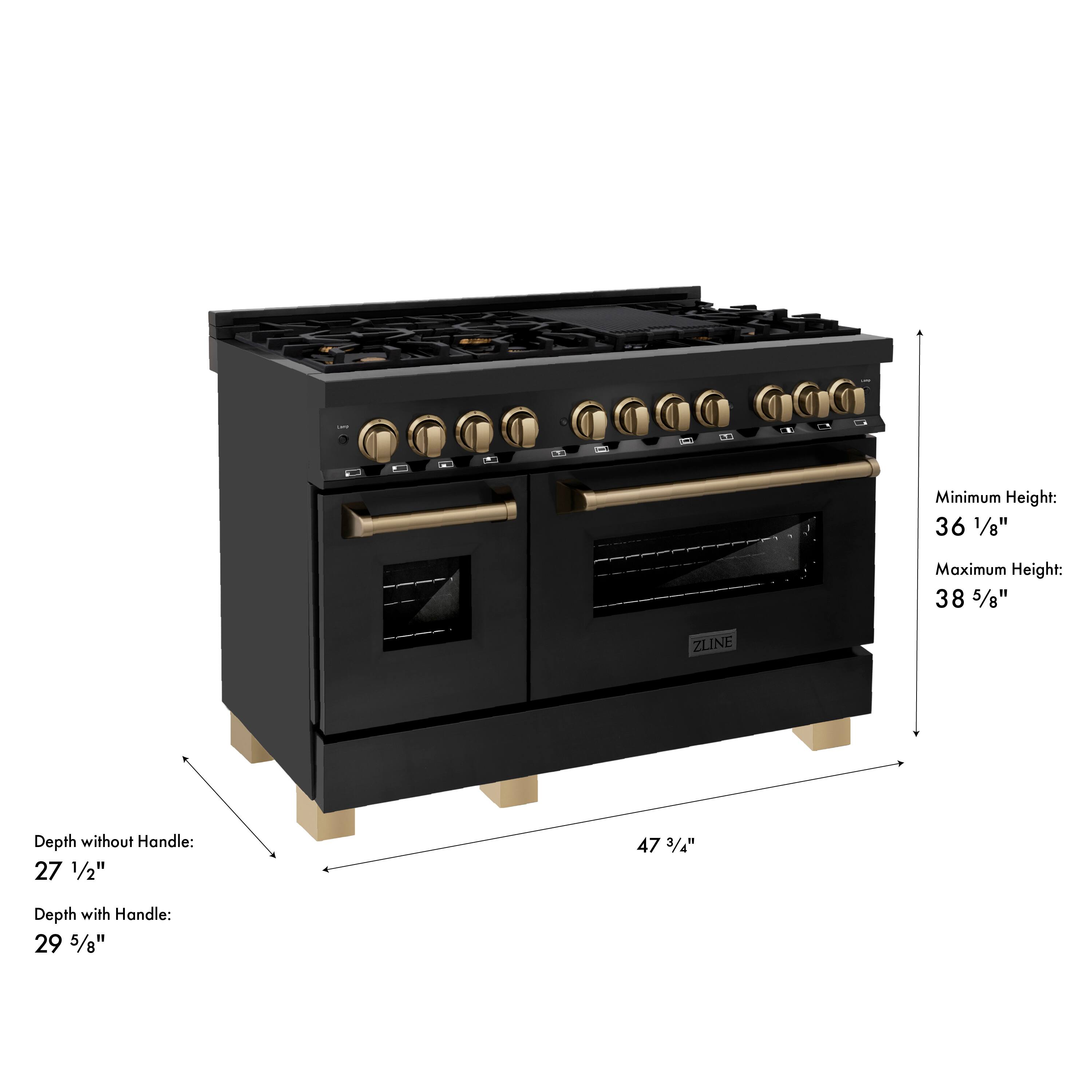 Minimum Height: 36 1/8"  
Maximum Height: 38 5/8"  
ZLINE Depth without Handle: 27 1/2"  
Depth with Handle: 29 5/8"