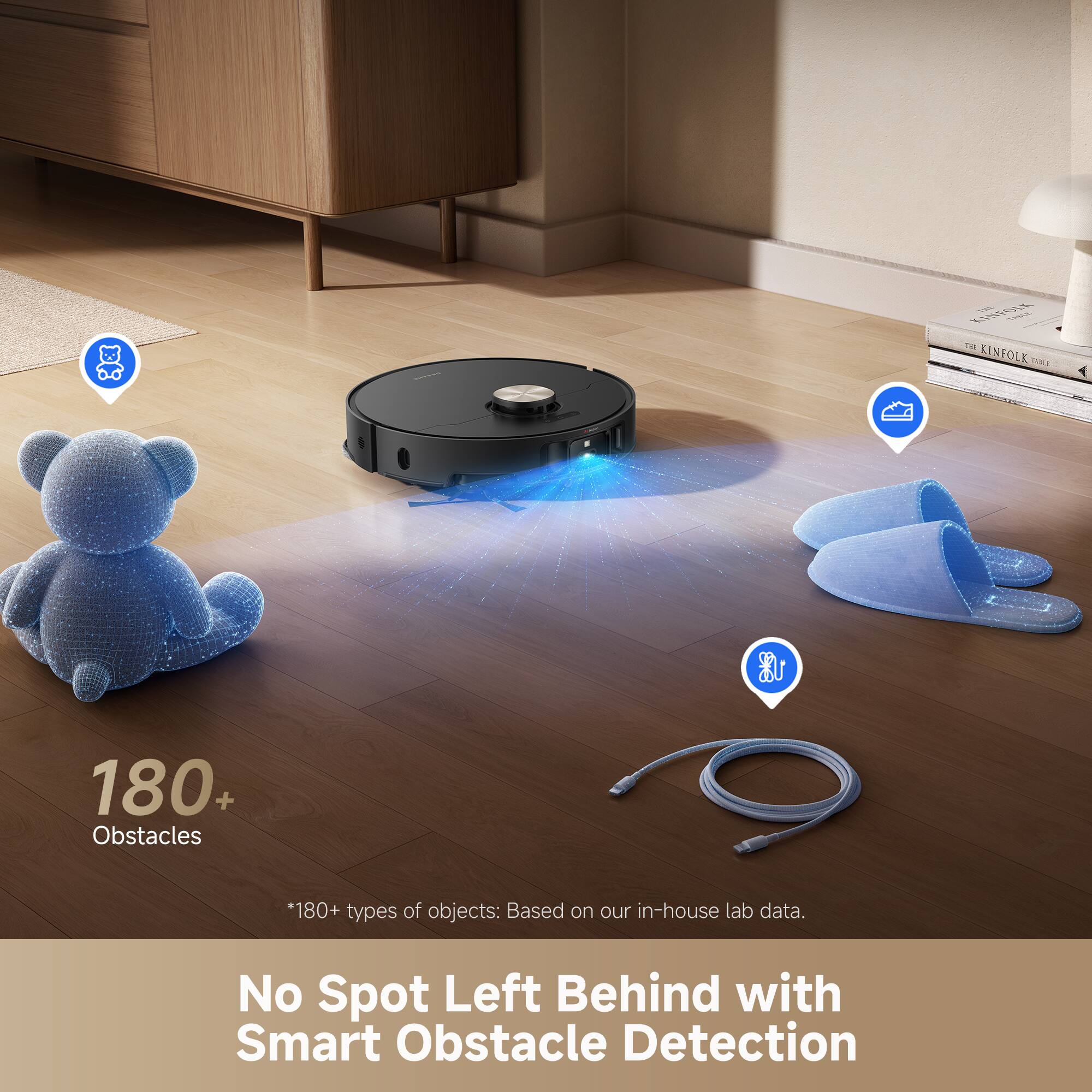 KINFOLK UALI 180+ Obstacles *180+ types of objects: Based on our in-house lab data. No Spot Left Behind with Smart Obstacle Detection