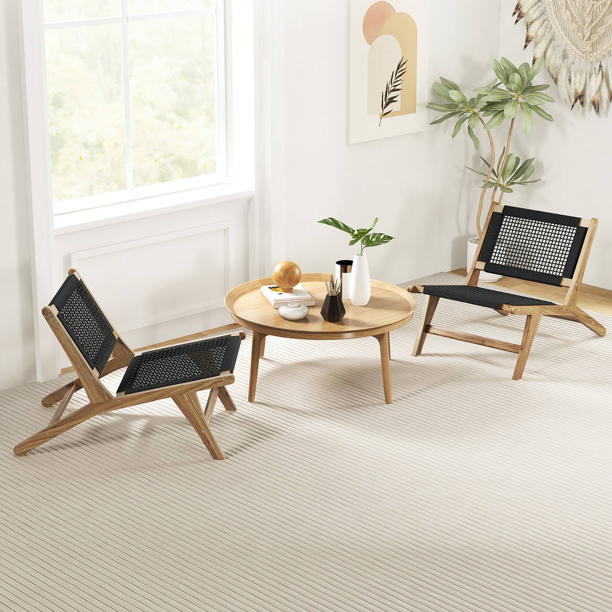 Alt View 3. Gymax - Gymax 2PCS Mid Century Modern Teak Wooden w/Handwoven Cordage Seat Backrest for Patio - Natural, Black.