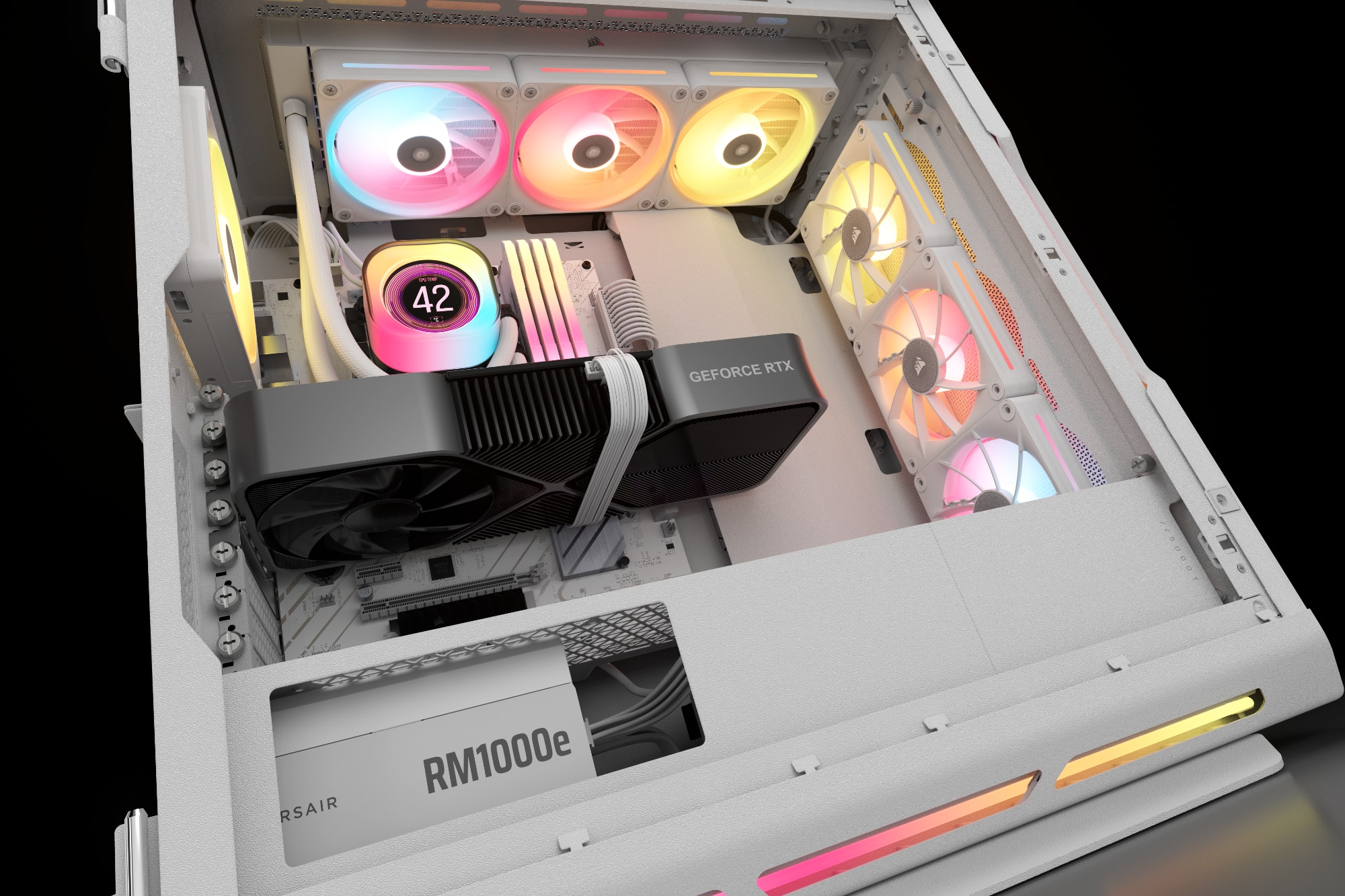 The text on the image reads: "42 nuidanes D GeForce RTX RSair RM1000e."