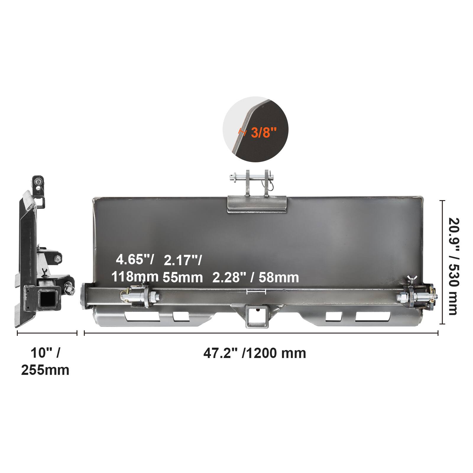 3/8"  
4.65" / 2.17" / 118mm  
55mm  
2.28" / 58mm  
20.9" / 530 mm  
10" / 255mm  
47.2" / 1200 mm