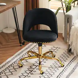 Winado - Modern Velvet Cute Desk Chair with Wheels,Gold Base/Studs, Comfy Armless Swivel Vanity Task Nail Tech Chair for Bedroom - Black