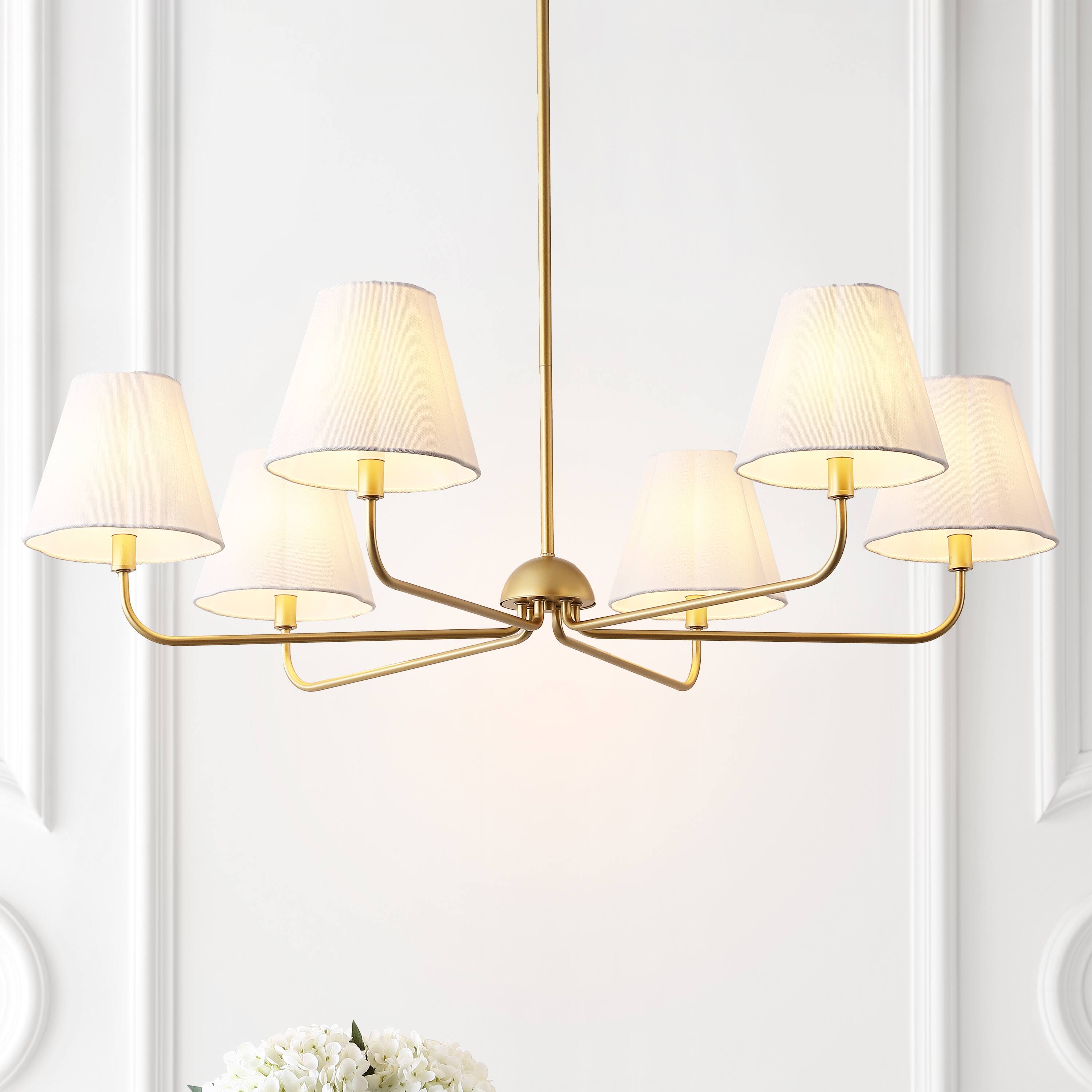 Alt View 1. Jonathan Y - Pauline 38" 6-Light Coastal Contemporary Adjustable Swooping Arm Candle-Style Metal LED Chandelier, White/Gold - Gold Painting/White.