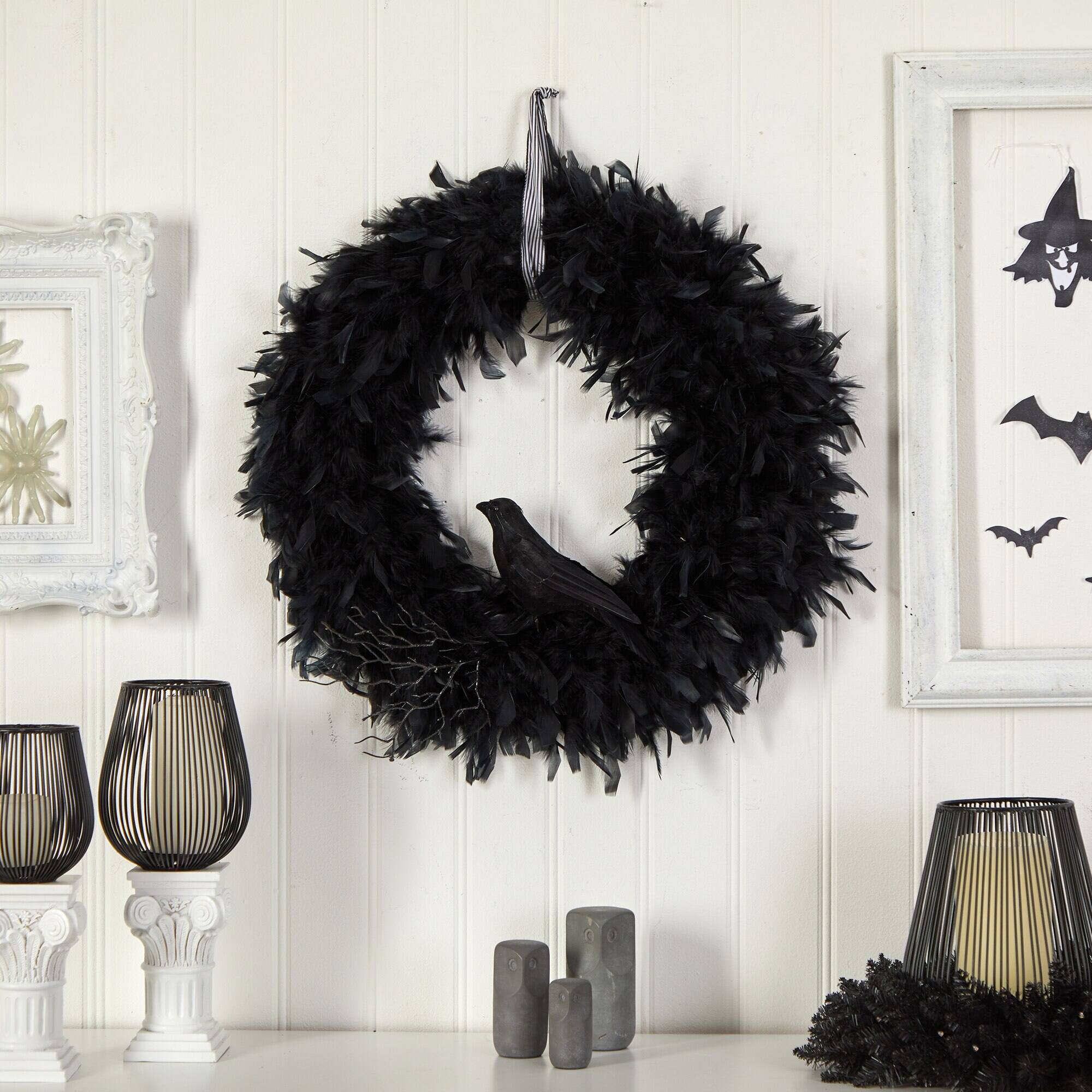 Left. BreeBe - 30" Halloween Raven Feather Wreath - Multicolor.