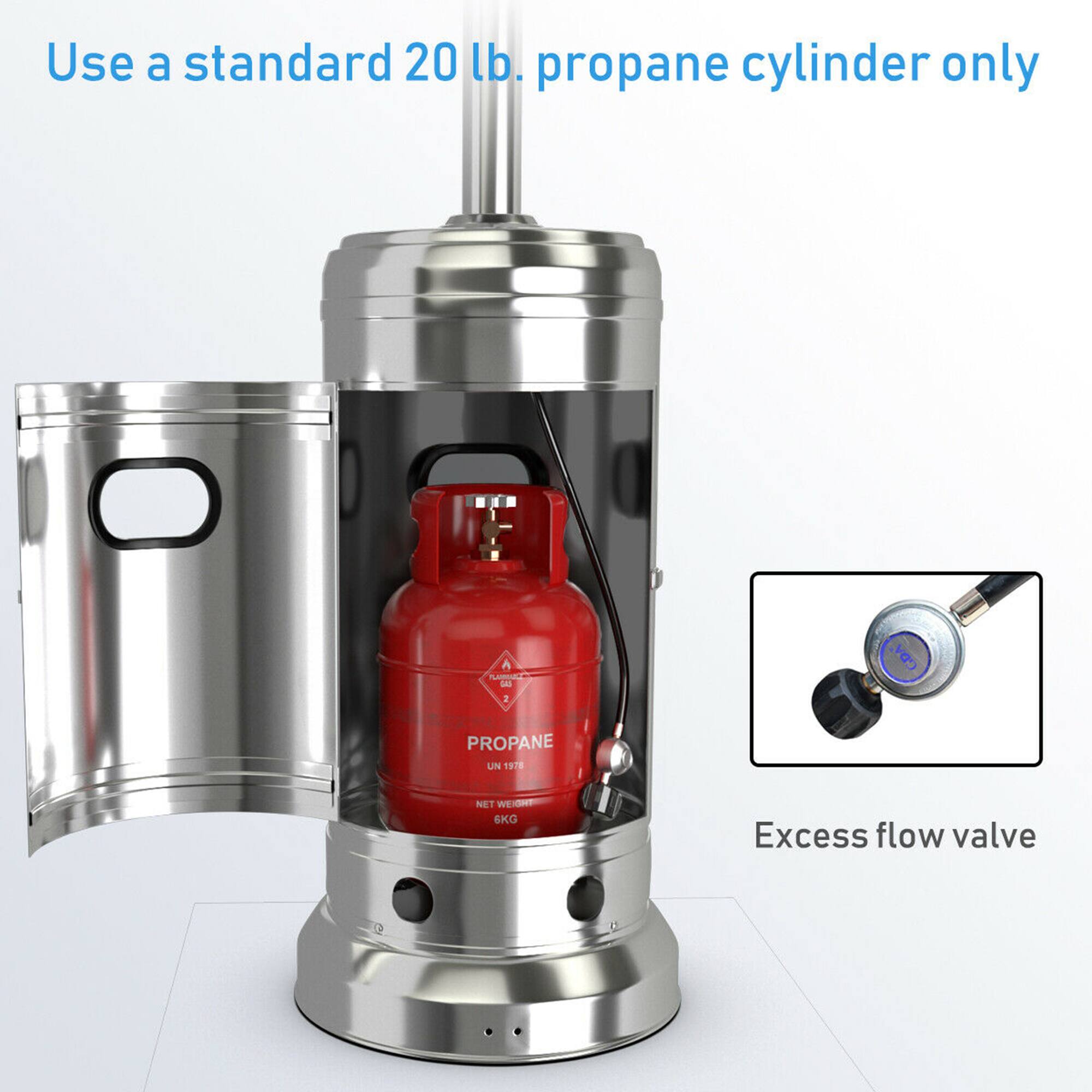 Use a standard 20 lb. propane cylinder only

Excess flow valve