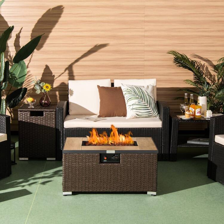 Angle. Mondawe - 32 x 20 Inch Propane Rattan Fire Pit Table Set with Side Table Tank and Cover - Brown.