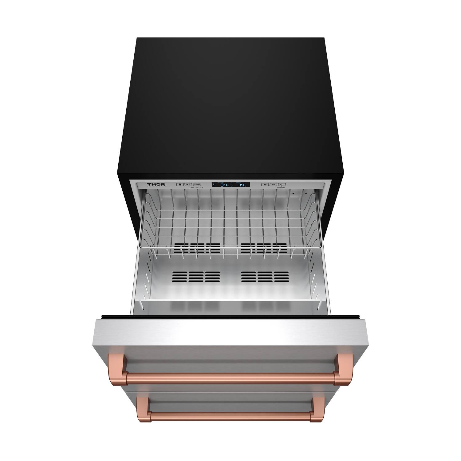 Back. Thor Kitchen - Gordon Ramsay Series by Thor Kitchen 24 Inch Indoor Outdoor Refrigerator Drawers with Rose Gold Hardware - Stainless Steel.