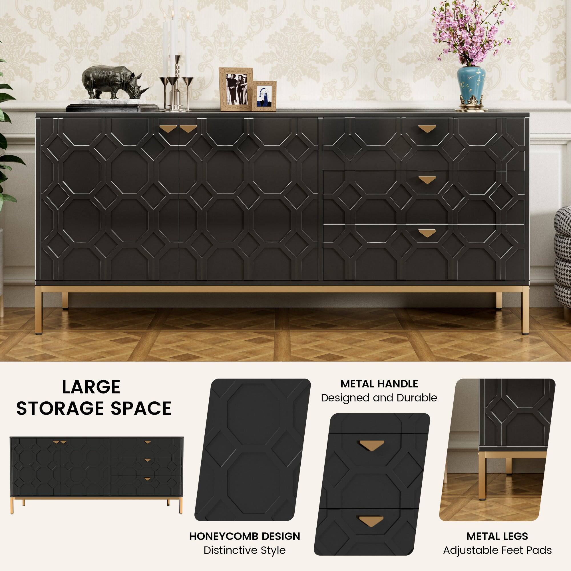 - LARGE STORAGE SPACE
- HONEYCOMB DESIGN
  - Distinctive Style
- METAL HANDLE
  - Designed and Durable
- METAL LEGS
  - Adjustable Feet Pads