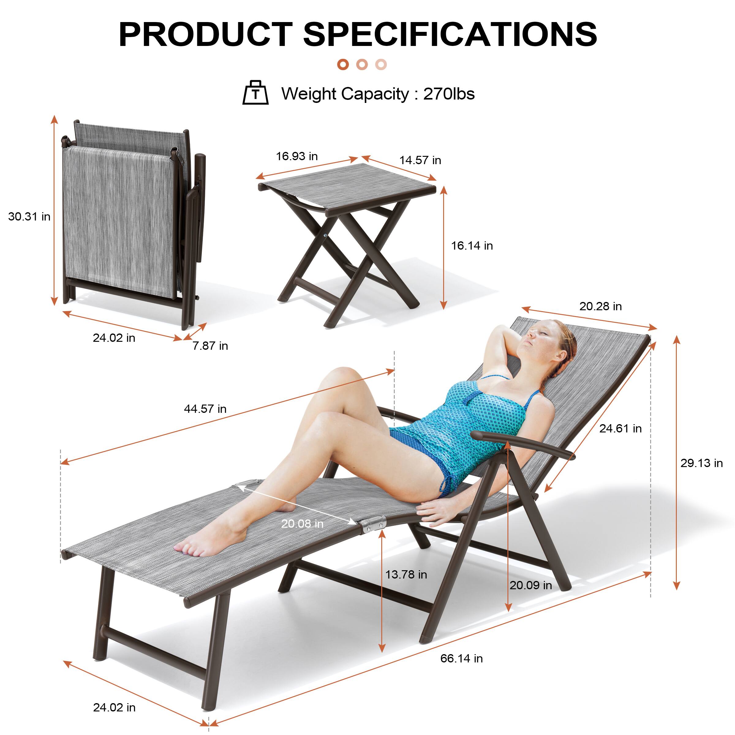 PRODUCT SPECIFICATIONS

Weight Capacity: 270lbs

- 30.31 in
- 24.02 in
- 7.87 in
- 44.57 in
- 20.08 in
- 13.78 in
- 20.09 in
- 66.14 in
- 24.02 in
- 24.61 in
- 29.13 in
- 16.93 in
- 14.57 in
- 16.14 in
- 20.28 in
- 20.28 in
- 24.02 in