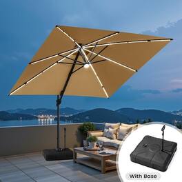 Crestlive Products - 11X11FT Patio Offset Cantilever Umbrella 2-Tier Top With Solar-Lighted Strips 350lbs Rod Wheel Base - tan
