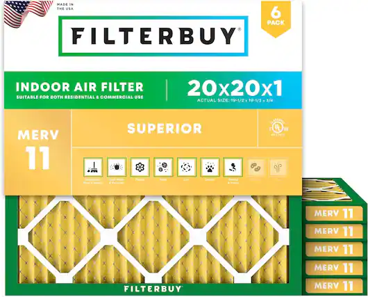MADE IN THE USA
6 PACK FILTERBUY INDOOR AIR FILTER
SUITABLE FOR BOTH RESIDENTIAL & COMMERCIAL USE
20x20x1
ACTUAL SIZE: 19-1/2 x 19-1/2 x 3/4
MERV 11
SUPERIOR
Household Dust & Debris
Dust Mites & Particles
Pollen
Mold
Lint
Dander
Smoke & Smog
MERV 11
MERV 11
MERV 11
MERV 11
MERV 11