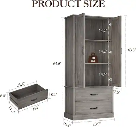 PRODUCT SIZE
- Height: 64.6"
- Width: 28.9"
- Depth: 15.2"
- Shelf Height: 14.2"
- Shelf Width: 43.5"
- Drawer Height: 12.6"
- Drawer Width: 25.2"
- Drawer Depth: 23.4"
- Drawer Front Height: 6.0"
- Drawer Front Width: 11.3"
- Drawer Front Depth: 8.2"
- Maximum Load Capacity: 70 lbs