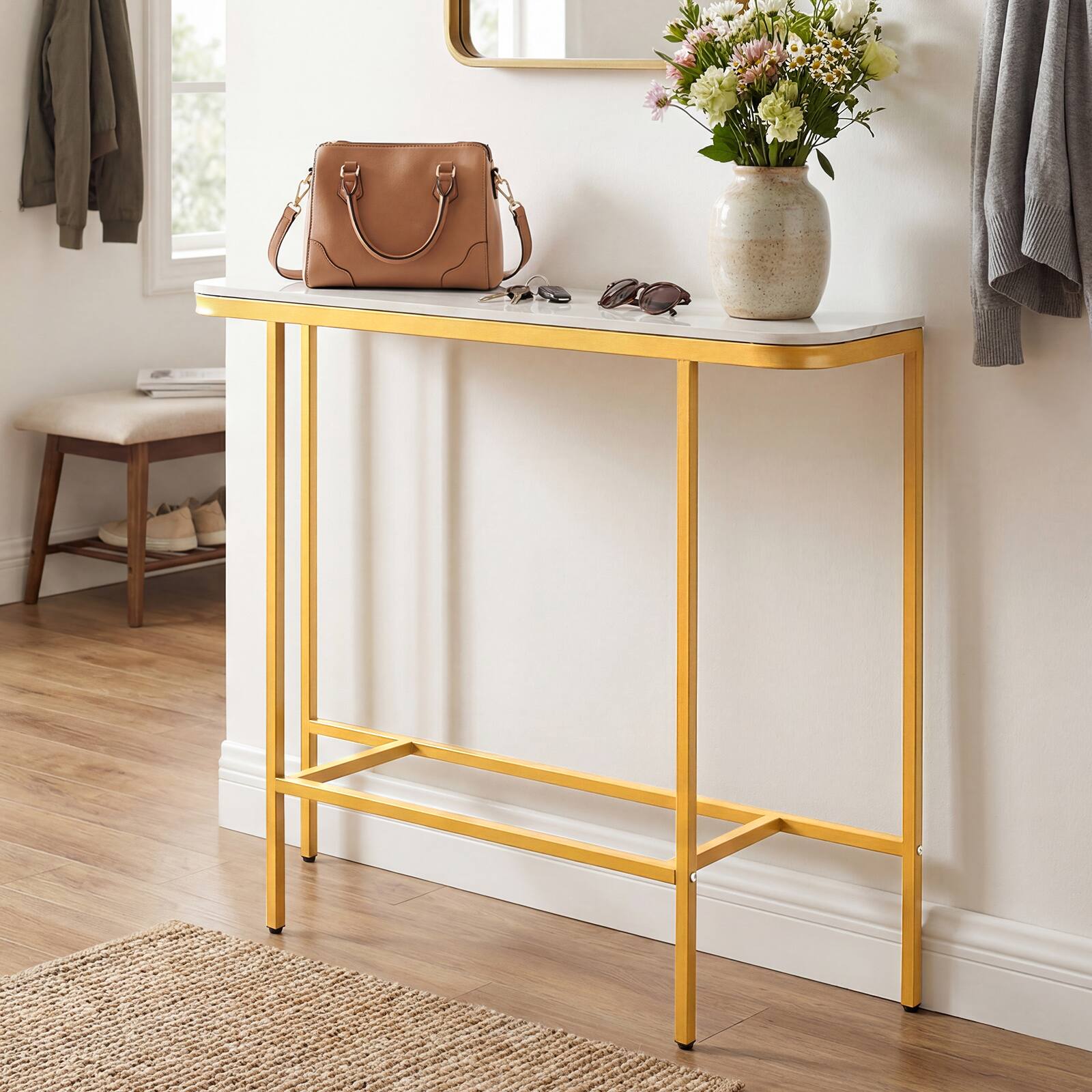 Alt View 1. Costway - Costway Entryway Table with Faux Marble Top and Metal Frame for Hallway, Living Room - White and Gold.