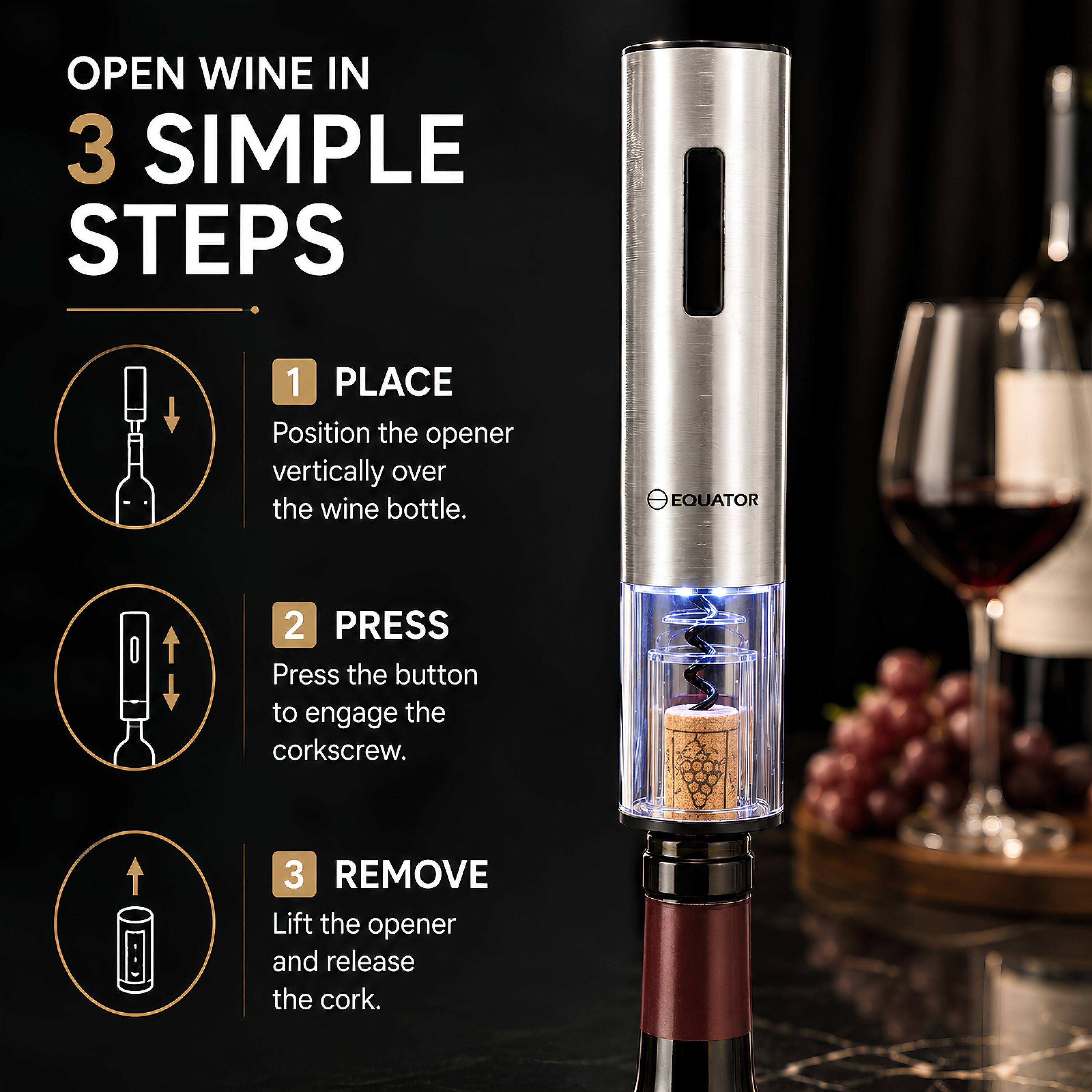 OPEN WINE IN 3 SIMPLE STEPS

1 PLACE
Position the opener vertically over the wine bottle.

2 PRESS
Press the button to engage the corkscrew.

3 REMOVE
Lift the opener and release the cork.