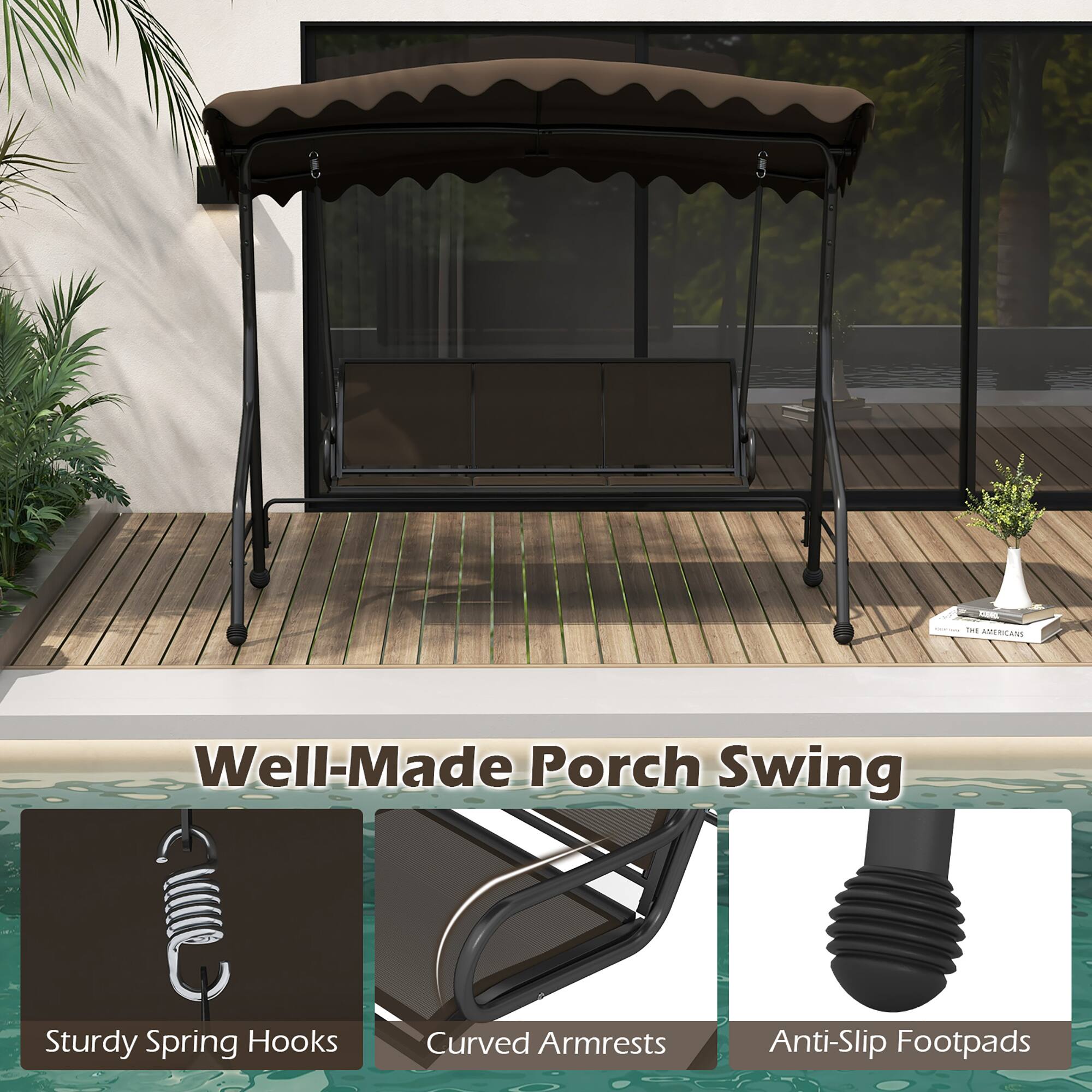 Alt View 8. Gymax - Gymax 3-Seat Outdoor Swing Porch Canopy Swing w/ Adjustable Shading Breathable Seat - Brown.