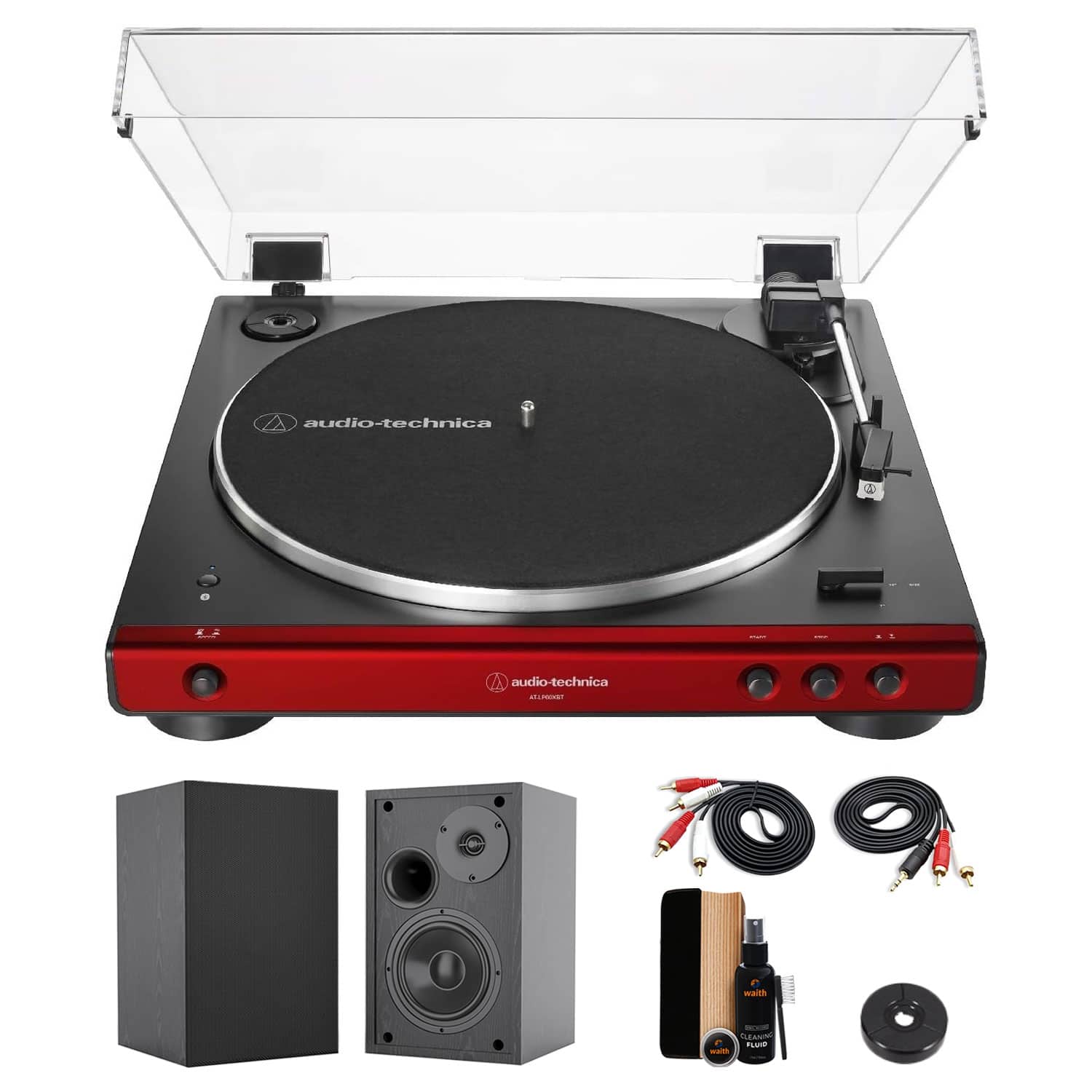 Audio-Technica - AT-LP60XBT Turntable (Red) +Bookshelf Speakers & More (Bundle) - Red & Black