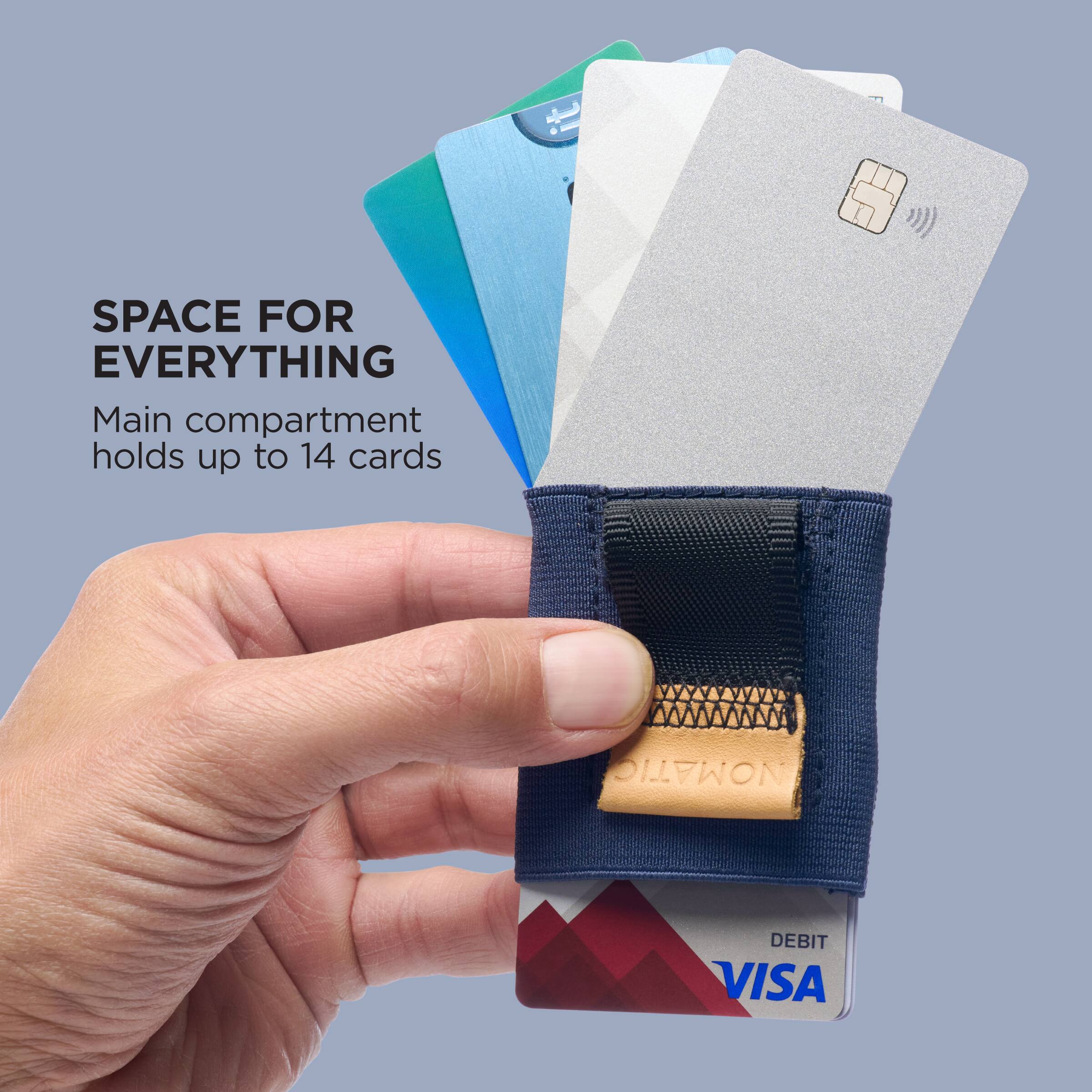 SPACE FOR EVERYTHING  
Main compartment holds up to 14 cards  

NOMATIC DEBIT VISA