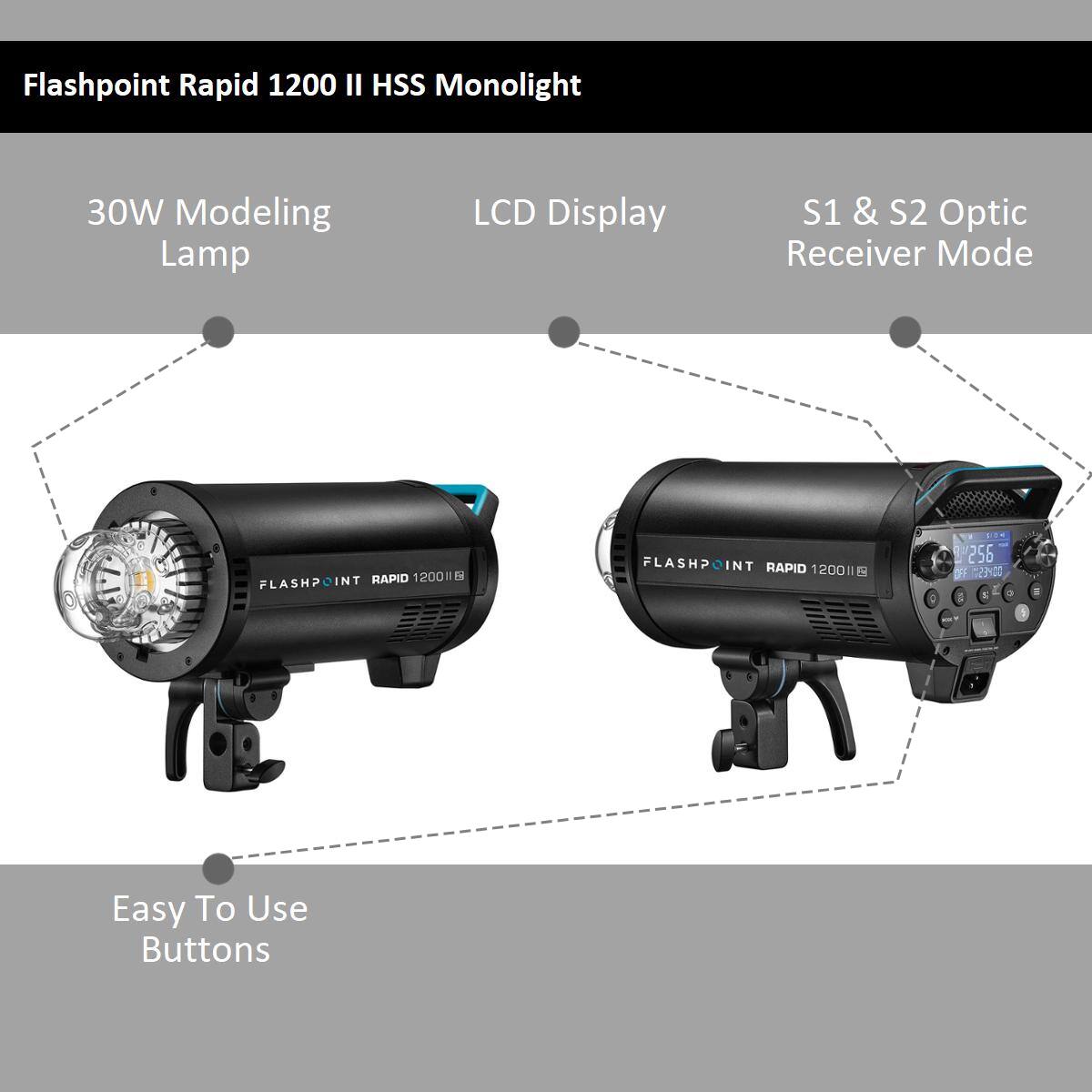 Flashpoint Rapid 1200 II HSS Monolight  
30W Modeling Lamp  
LCD Display  
S1 & S2 Optic Receiver Mode  
Easy To Use Buttons