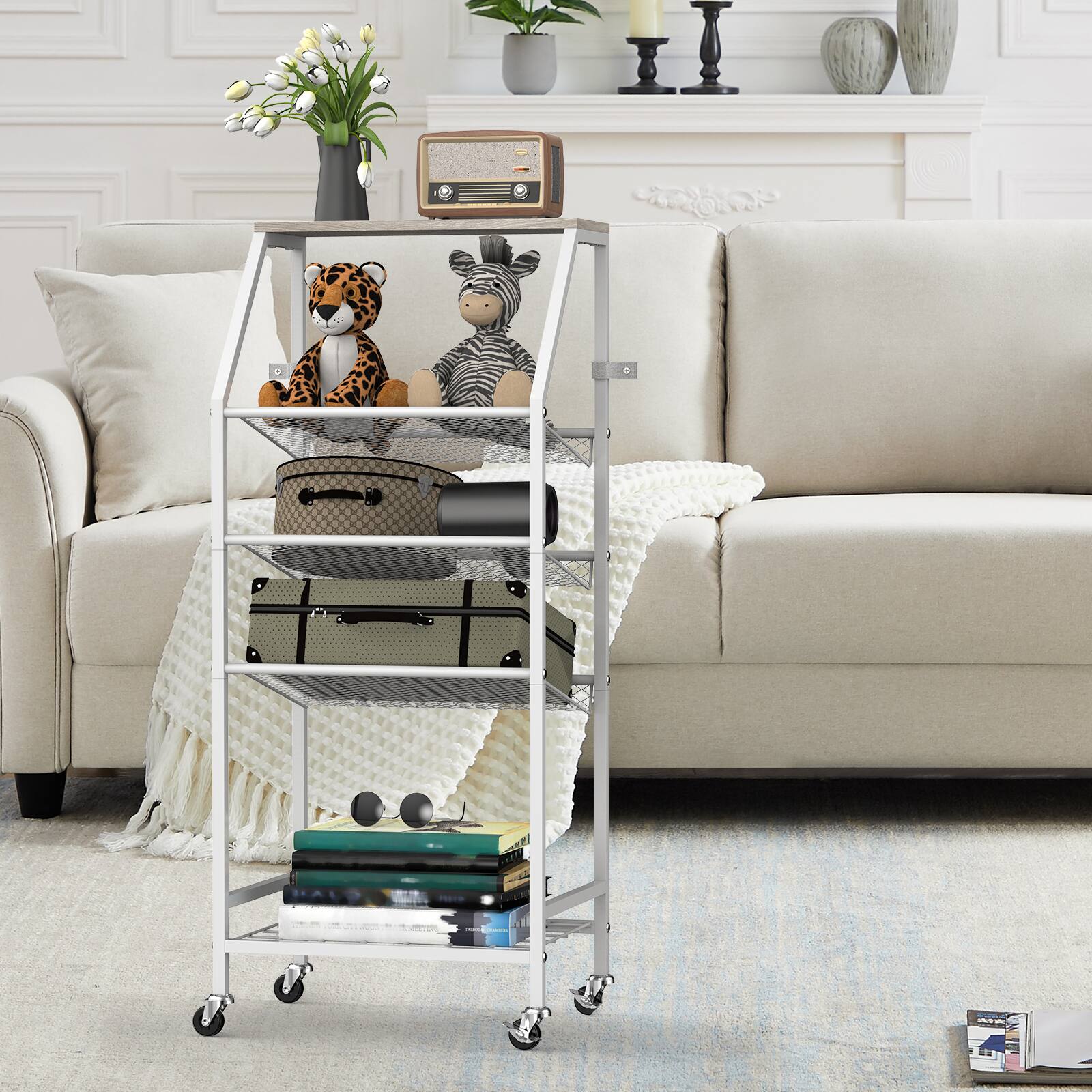 Angle. Oumilen - 5-Tier Rolling Bathroom Storage Cart with White Metal Frame and Wood Top, Gray - Gray.