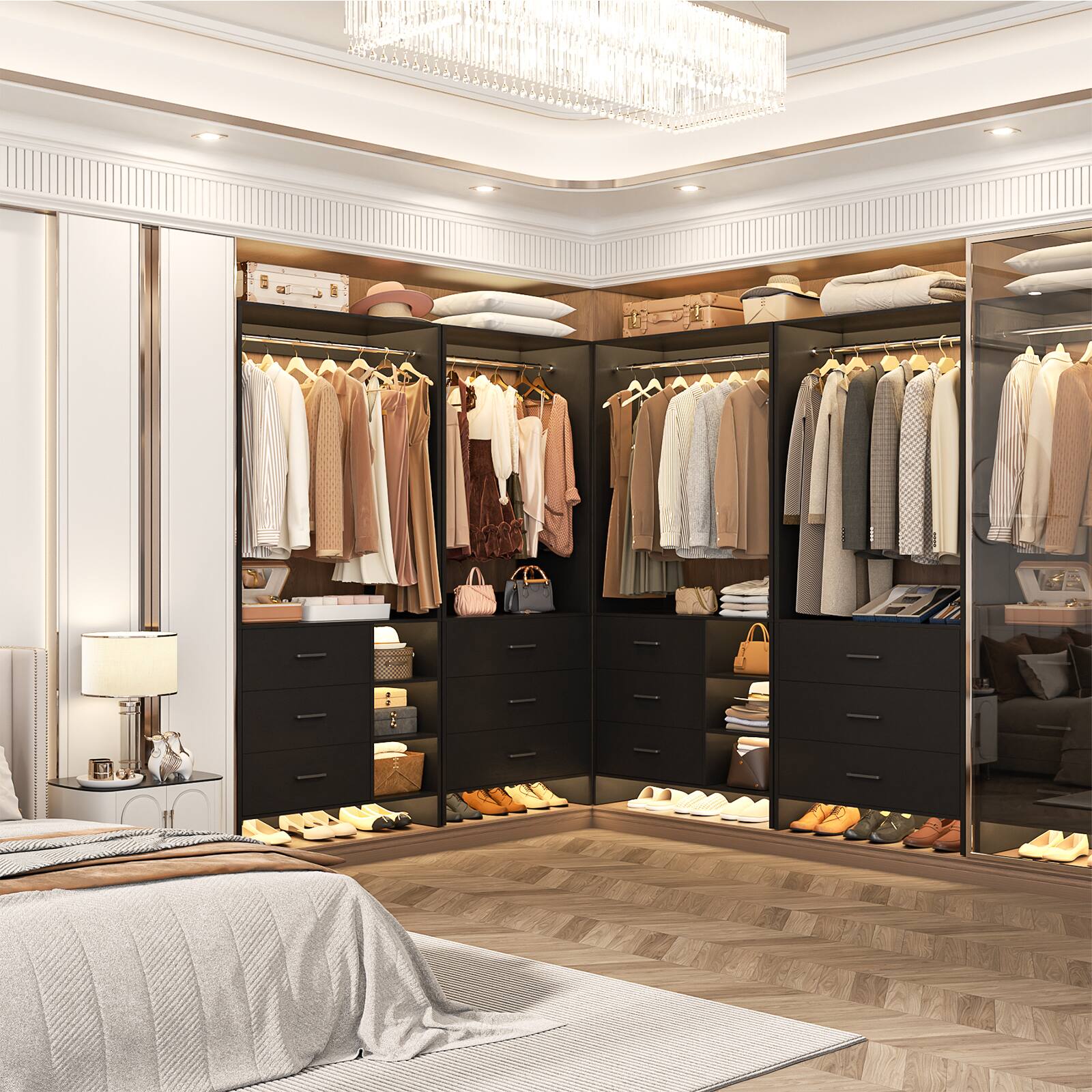 Alt View 1. Aheaplus - Wardrobe Closet System 2-Piece Set, 4.5ft Organizer System with 6 Drawers and 2 Hanging Rods - Black.